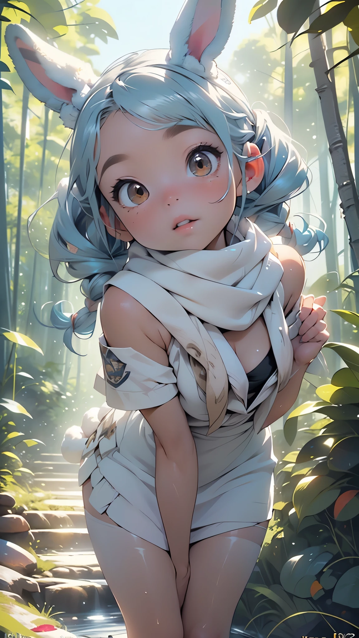 cute bunny girl,(((1girl))),((bunny girl with extremely cute and beautiful light blue hair)),(((bunny girl:1.5,anthro furry cute,bunny-girl))),(((bunny ears:1.5,bunny ears on head:1.5,big bunny ears))),(14 years old),

(flat chest:1.4),(((light_blue_hair,  twintails with long braids:1.35))),((orange_eyes)),intricate eyes,beautiful detailed eyes,symmetrical eyes,big eyes:1.3,((fat)),(((lustrous skin:1.5,bright skin: 1.5,skin tanned,shiny skin,very shiny skin,shiny body,plastic glitter skin,exaggerated shiny skin,illuminated skin,wet legs))),(spider lower abdomen,narrow waist,wide hip,athletic body,inflated legs, thick thighs,detailed body,(detailed face)),

cute,slutty,seductive,erotic,(nsfw),

((white furry scarf,(white scarf:1.5))), ((white strapless dress, dress with short skirt, blue trim on dress,front slit skirt)),((Black leggings under the dress,(black leggings:1.0))),orange bows, carrot decorations on her clothes;

(dynamic pose:1.0),solo focus,embarrassed,(centered,scale to fit dimensions,Rule of thirds),

((pine forest)),scenery:1.25,((intricate scenery)),((forest background)),

(Glossy pastel ornaments),highres,sharp focus,(ultra detailed,extremely detailed),(photorealistic artwork:1.37),(extremely detailed CG unity 8k wallpaper),(((vibrant colors,vibrant theme))),(intricate),(masterpiece),(best quality),artistic photography,(photography taken by sldr),(intricate background),perfect rendered face,perfect face details,realistic face,photo realistic,((intricate detail)),(((realism))),
