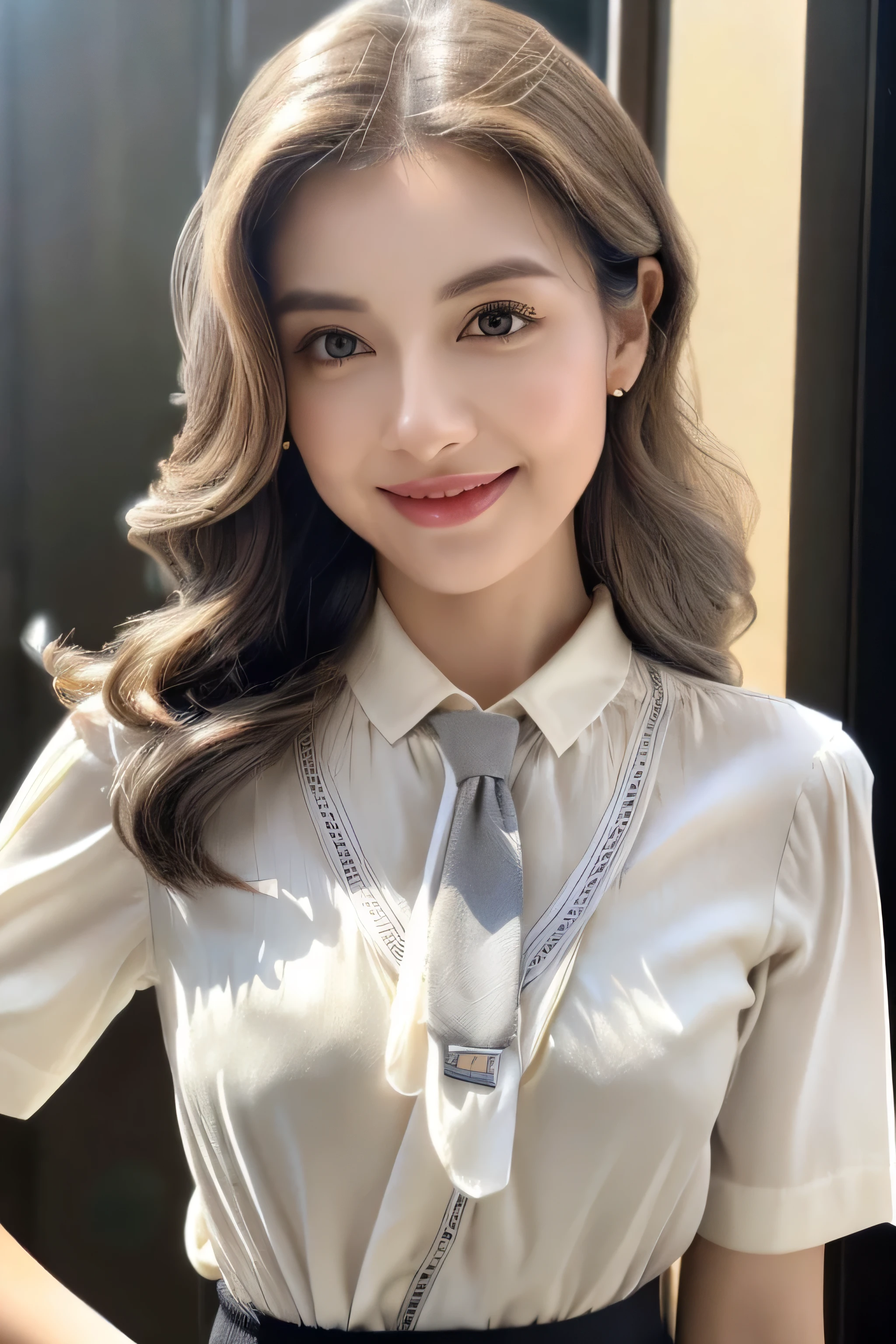 Beautiful detailed face、Pale skin、Realistic glowing skin、Detailed cloth texture、Detailed hair texture、Perfect body、Beautiful Face、correct、Anatomically correct、 Highly detailed face and skin texture、Natural neck length、(Beautiful Hands)、(Fair skin:1.2)、Thin legs、Thin legs、 Break Fine Eyes、Symmetrical eyes、Light brown eyes、double eyelid、Thin eyebrows、(Glossy Lips:1.4)、((Gentle smile:1.2))、(blush:1.1)、 break (Elegant and cute girl:1.3)、Medium-sized large breasts、(Slim body type:1.1)、Toned Abs、Beautiful clavicle、 (Dark Blonde、Wavy Hair、Long Hair:1.2)、full figure supermodel standing, entire body in frame、((White Y-shirt、dark grey pleated skirt、ribbon tie:1.3)),