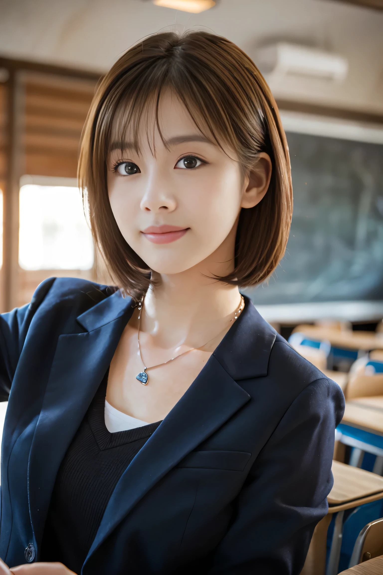 (Pointing at the blackboard in front of the classroom、A female teacher standing and teaching:1.5), (The best quality at its best:1.4), (Super detailed), (Very detailed CG unified 16k), Beautiful woman with perfect figure: 1.4, Sharp focus: 1.2, Very detailed, High-quality RAW color photos, Professional photography, Great face and eyes, cosmetics, (Amazingly beautiful girl), ((In a suit:1.5)), Sexy posture,(View from below), Realistic movie faces, Wide zoomed out view of head to foot length, Full body long view, Realistic, ((Realistic natural orange red hairstyle, Realistic blue eyes)), ( Short Bob Hair:1.5), (necklace:1.5)、, Very beautiful face, Perfect model beauty, Mouth swelling, Highly detailed face and skin texture, Fine grain, double eyelid, Medium chest, smile, Crack, west, (masterpiece), highest quality, High resolution, Very detailed, Blurred Background, Depth of written boundary, Cinema Lighting, Great legs, , Clear, well-maintained skin, (((Women make up the majority of the photo)))