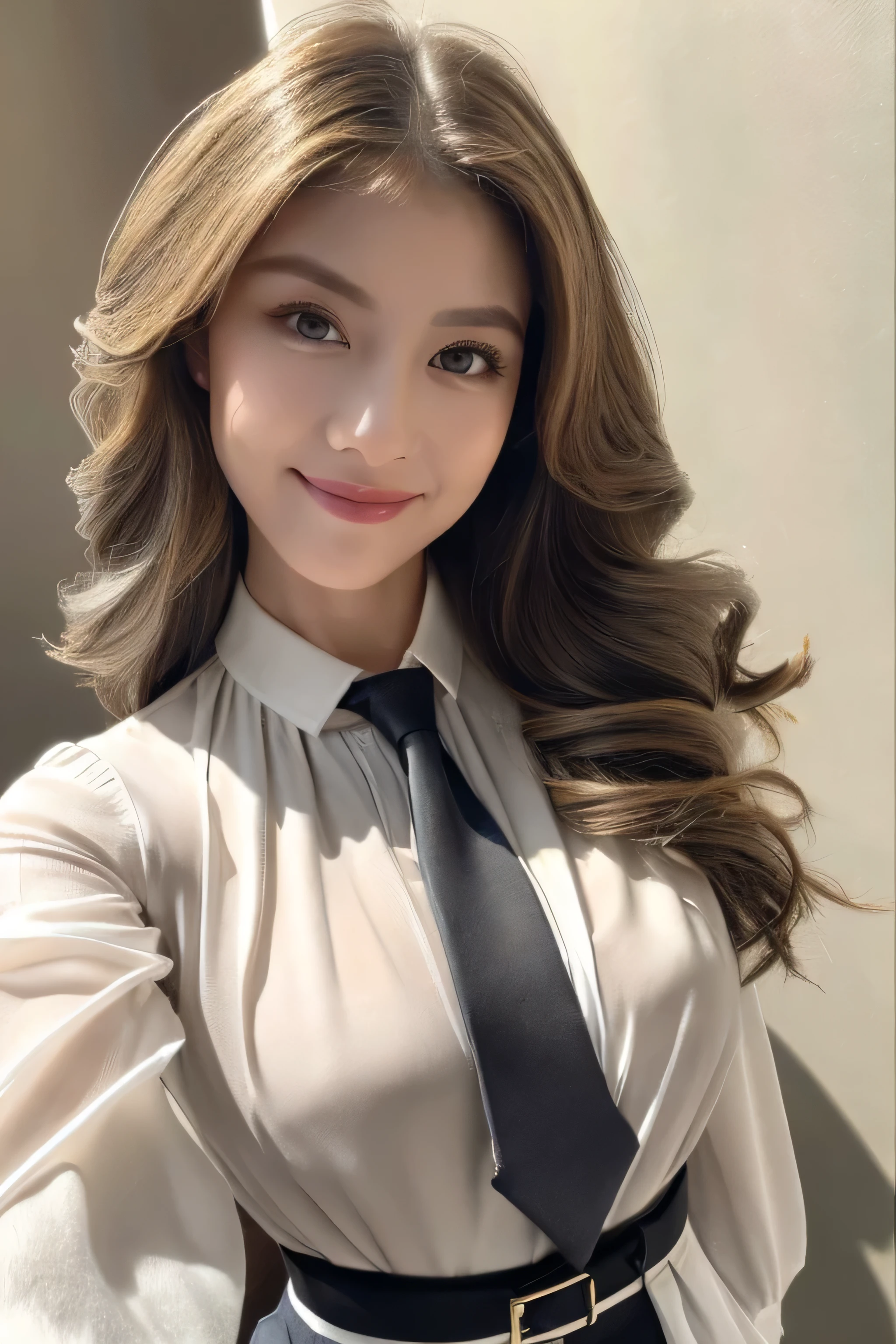 Beautiful detailed face、Pale skin、Realistic glowing skin、Detailed cloth texture、Detailed hair texture、Perfect body、Beautiful Face、correct、Anatomically correct、 Highly detailed face and skin texture、Natural neck length、(Beautiful Hands)、(Fair skin:1.2)、Thin legs、Thin legs、 Break Fine Eyes、Symmetrical eyes、Light brown eyes、double eyelid、Thin eyebrows、(Glossy Lips:1.4)、((Gentle smile:1.2))、(blush:1.1)、 break (Elegant and cute girl:1.3)、Medium-sized large breasts、(Slim body type:1.1)、Toned Abs、Beautiful clavicle、 (Dark Blonde、Wavy Hair、Long Hair:1.2)、full figure supermodel standing, entire body in frame、((White Y-shirt、dark grey pleated skirt、ribbon tie:1.3)),