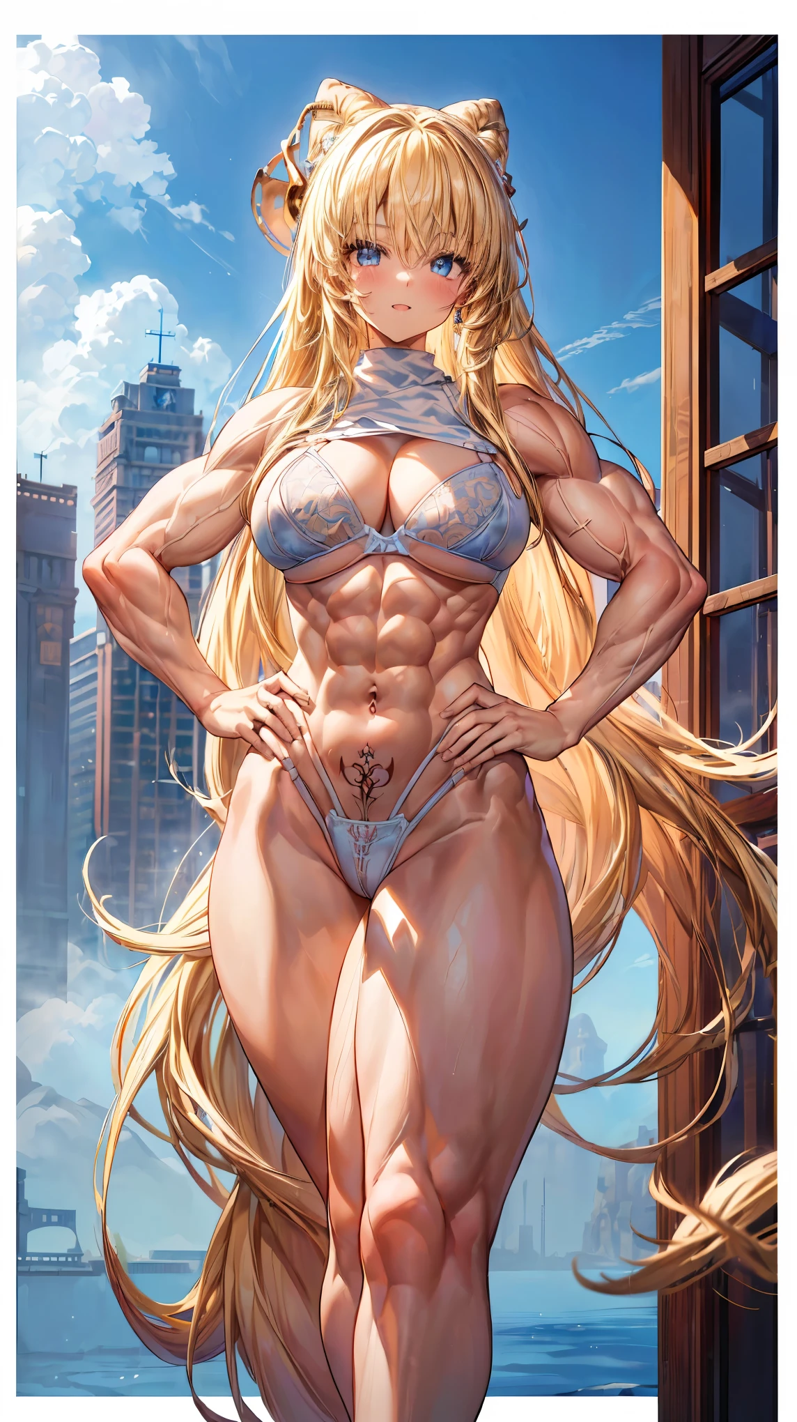 Very detailed、highest quality、Best image quality、masterpiece、8k、Anime Face、A kind smile、(Open your mouth:1.3)、Sparkling blue eyes、(Blonde semi-long hair:1.5)、(Muscles of the whole body:1.3)、(highleg:2.0)、Thigh belt、(Cowboy Shot:1.5)、(SFW Giant)、(Thick body:1.2)、(bra:1.5)、(sxspnts)、(Hands on hips:1.1)