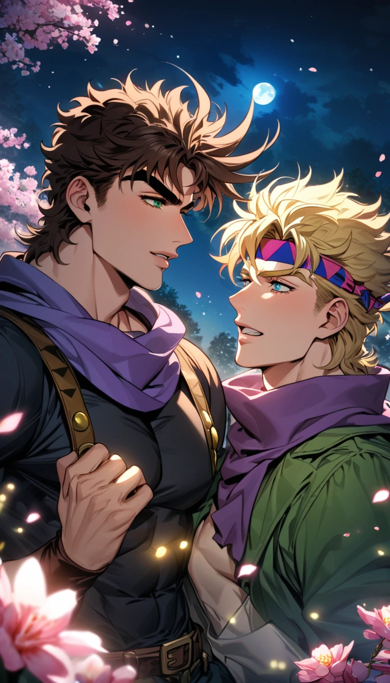 absurdres, highres, ultra detailed, HDR, master piece, best quality, Joseph Joestar, brown hair, expressive blue eyes, jojo's bizarre adventure, Caesar Anthonio Zeppeli, blonde hair, expressive green eyes, purple headband, purple scarf, two men together, gay couple, handsome, moon, fireflies, blossoms, spring, pink flowers