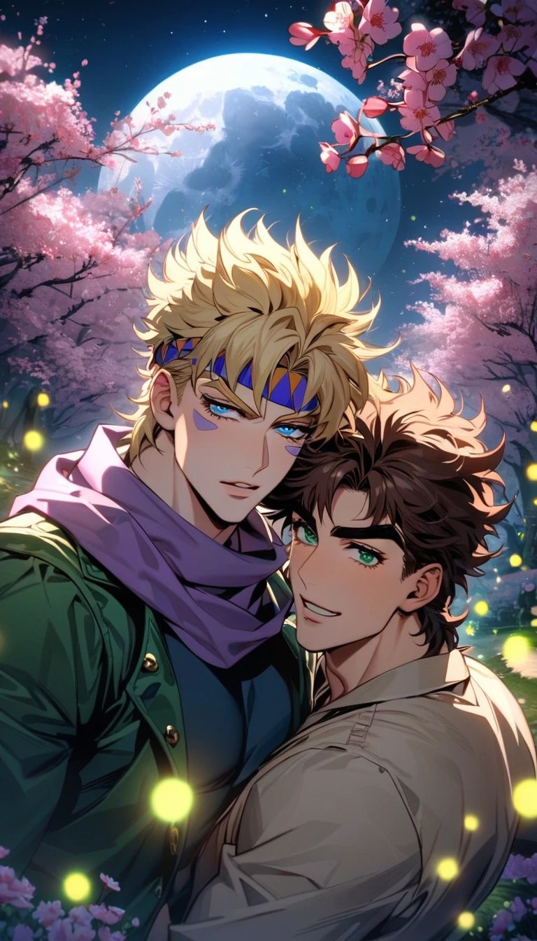 absurdres, highres, ultra detailed, HDR, master piece, best quality, Joseph Joestar, brown hair, expressive blue eyes, jojo's bizarre adventure, Caesar Anthonio Zeppeli, blonde hair, expressive green eyes, purple headband, purple scarf, two men together, gay couple, handsome, moon, fireflies, blossoms, spring, pink flowers