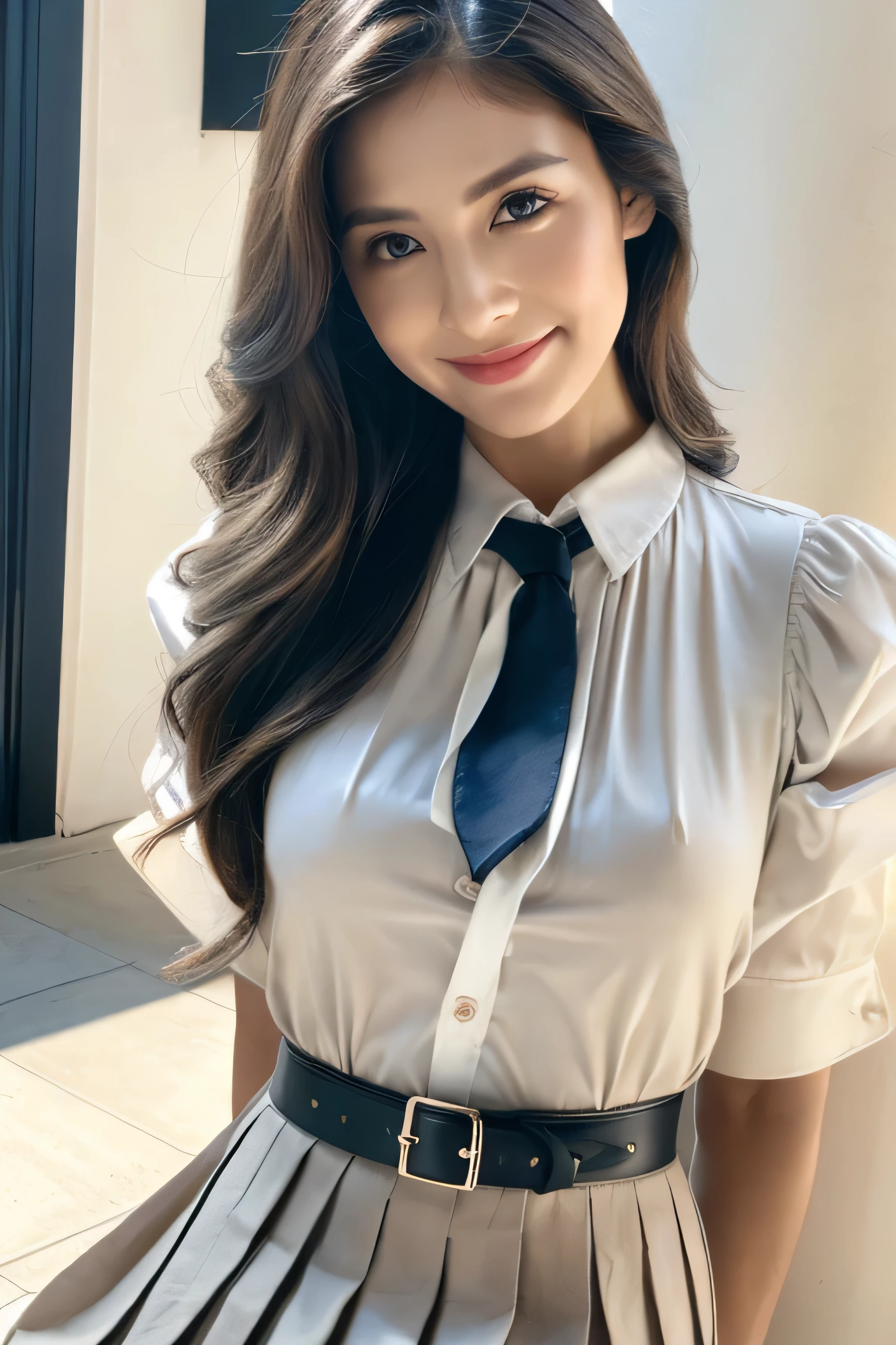 Beautiful detailed face、Pale skin、Realistic glowing skin、Detailed cloth texture、Detailed hair texture、Perfect body、Beautiful Face、correct、Anatomically correct、 Highly detailed face and skin texture、Natural neck length、(Beautiful Hands)、(Fair skin:1.2)、Thin legs、Thin legs、 Break Fine Eyes、Symmetrical eyes、Large Breasts、Light brown eyes、double eyelid、Thin eyebrows、(Glossy Lips:1.4)、((Gentle smile:1.2))、(blush:1.1)、 break (Elegant and cute girl:1.3)、Medium-sized large breasts、(Slim body type:1.1)、Toned Abs、Beautiful clavicle、 (Dark Blonde、Wavy Hair、Long Hair:1.2)、full figure supermodel standing, entire body in frame、((White Y-shirt、dark grey pleated skirt、ribbon tie:1.3)),standing gracefully