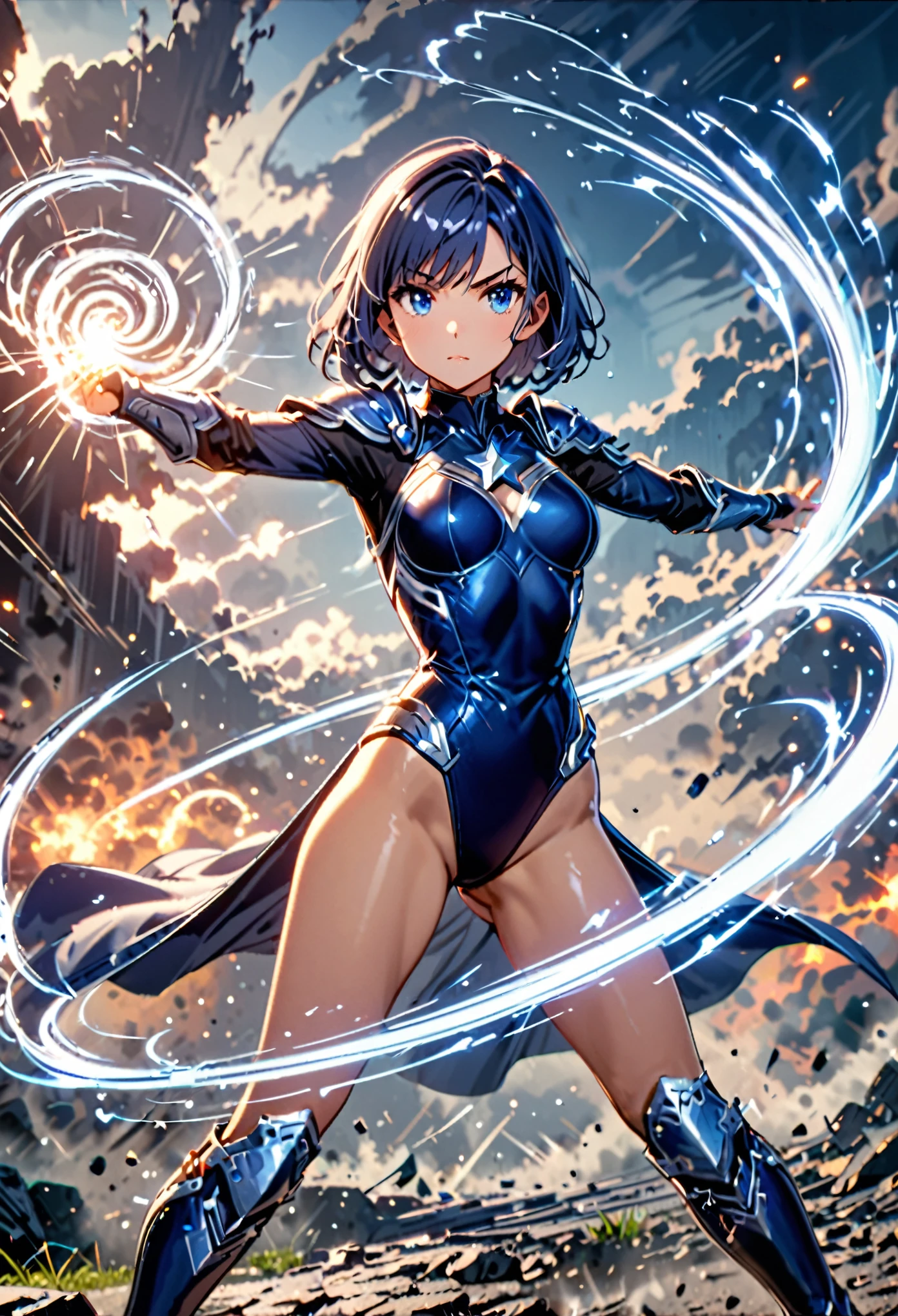 masterpiece, best quality, 1girl, superhero, ((leotard, dark blue leotard)), long sleeves, bare legs, boots, dark blue boots, matching boots, medium breasts, diffraction spikes, light particles, standing, standing straight, dark blue hair, ((short hair, bob hair)), blue eyes, beautiful detailed eyes, beautiful detailed face, cute face, (perfect hands, complete fingers, perfect anatomy, perfect proportions), heroic, ((star symbol on the chest)), serious, full body with costume, full body, cowboy shot, ((raised arms, spins fast in place like a tornado, she spins at an incredible speed, creating a whirlwind of air around her, cyclone spinning)), ((spiral lines, spinning energy pulse around her)), (Curved Sword Slash).