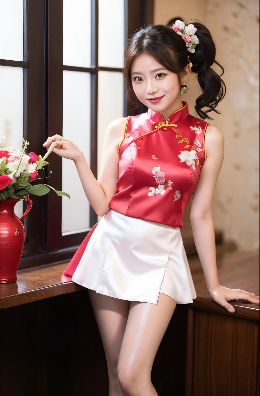 (highest quality、8k、masterpiece）、Pink satin mini skirt Chinese dress、立膝でWhite pantiesが見えている、（china clothes in mini skirts:1.4）,（White panties:1.5)、17 year old slender beauty，Flashy makeup using red eyeshadow，Open your mouth wide、Yōho、double eyelid，Delicate medium cut ponytail，squat、Spread your legs，　White pantiesーを見せる,彼女のWhite pantiesーがはっきりと見える、Sexy Chinese dress and silk mini skirt，The best smile，She is wearing a sexy short colorful cheongsam。。，Cheongsam with deep slit，Draw hands correctly，The background is the bright interior of a Chinese restaurant...，