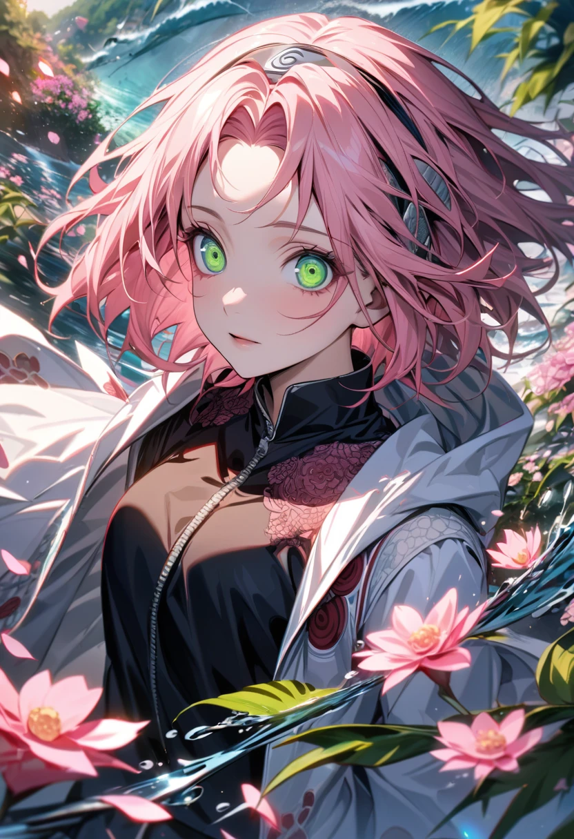 Ultra detailed, Highres, absurdres, HDR, Haruno Sakura, pink short hair, expressive green eyes, white long coat with patterns, Naruto Shippuden, pink flowers, petals, extremely beautiful, woman, solo, very detailed eyes and face, water, pink butterflies, black t-shirt, master piece,