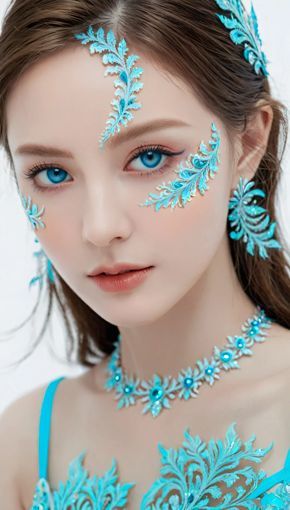 (masterpiece, top quality, best quality, official art, Beauty and aesthetics: 1.2), (1 Girl: 1.3), (Fractal Art: 1.3), Vibrant aqua blue eyes, #1: Medium-Length Hair with Fringe, Nude center