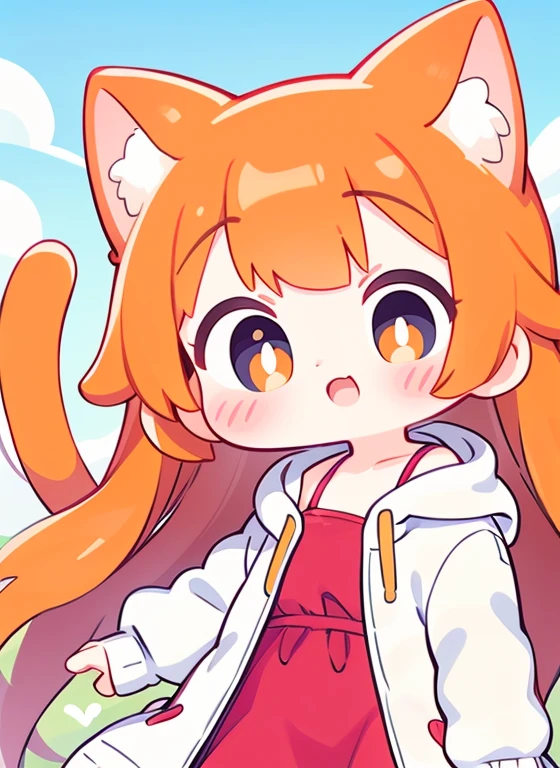 1 girl orange hair cat hair white jacket red dress 