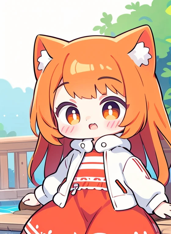 1 girl orange hair cat hair white jacket red dress 