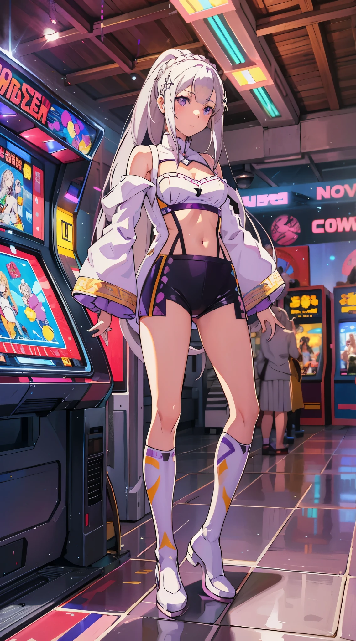 Emilia re:zero, purple eyes, Emilia, crown braid, x hair ornament, flower hair ornament, white hair, long hair, medium breasts, ((Masterpiece)), best quality, absurderes, ultra detailed, holographic, cowboy shot, golden ratio, super cute girl, mature girl, super beautiful asian girl with very beautiful violet glowing eyes, beautiful glowing white multicolored hair, high ponytail, nice and sexy body, slim body, perfect body, wearing super tight anime printed mini boxers, an anime printed super tight off shoulder long sleeve crop top, buautiful hair ornament, super aesthetic transparent jacket, playing in an arcade machine