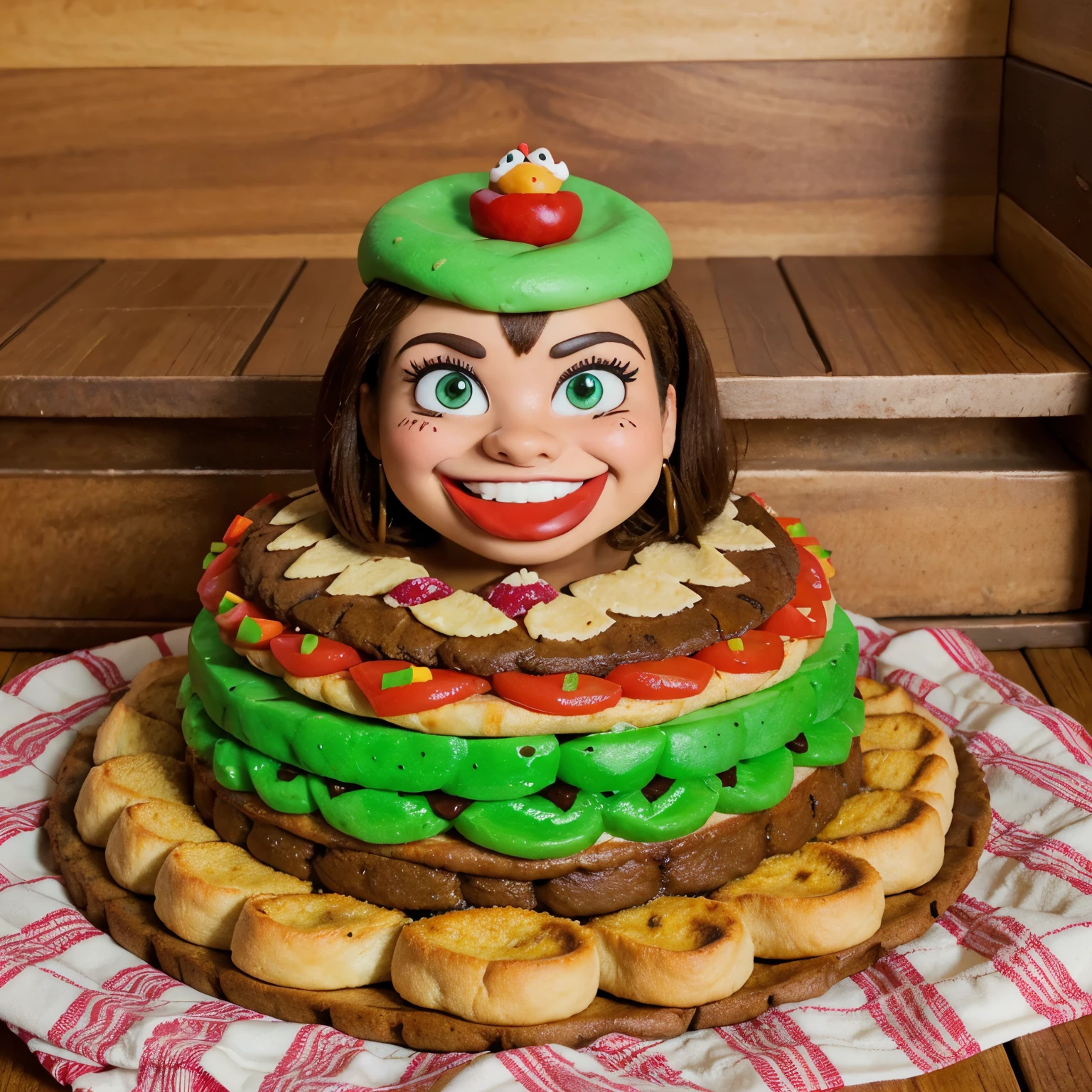 torta mexicana animada, caricaturesca, divertida, sonriente, con piernas y manos, torta deliciosa de carne