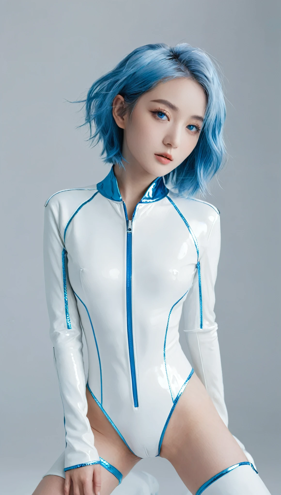 (masterpiece, best quality, Maximum resolution, clearly_image, Detailed details): (Solitary, girl, Japanese Face, Blue hair girl, shortcut, Full body picture, Small breast size, Sparkling blue eyes, Metallic white and blue pilot suit, Tight clothing, Clothing that covers the entire body, beauty, slim, Exoskeleton, Sexy pose, Actress, Integral, Knee-high boots)