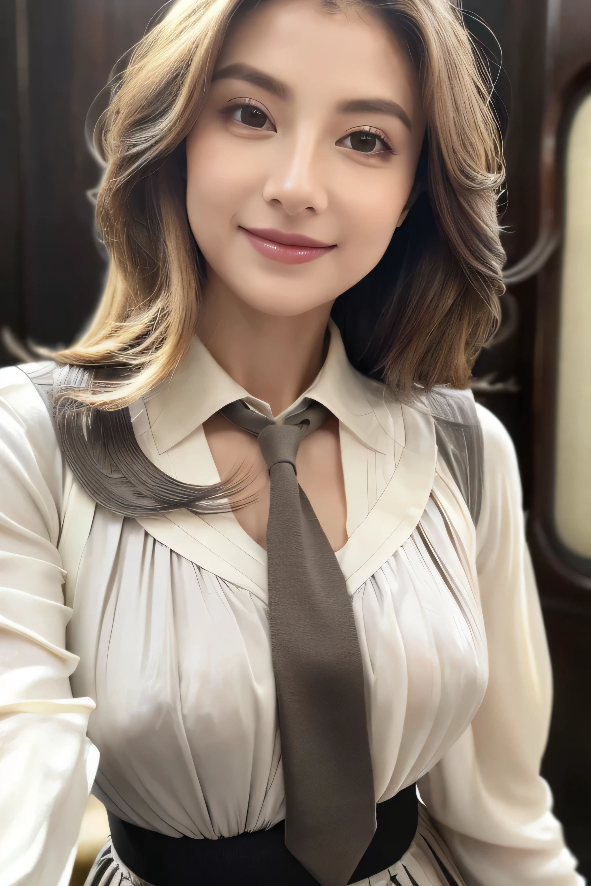 Beautiful detailed face、Pale skin、Realistic glowing skin、Detailed cloth texture、Detailed hair texture、Perfect body、Beautiful Face、correct、Anatomically correct、 Highly detailed face and skin texture、Natural neck length、(Beautiful Hands)、(Fair skin:1.2)、Thin legs、Thin legs、 Break Fine Eyes、Symmetrical eyes、Large Breasts、Light brown eyes、double eyelid、Thin eyebrows、(Glossy Lips:1.4)、((Gentle smile:1.2))、(blush:1.1)、 break (Elegant and cute girl:1.3)、Medium-sized large breasts、(Slim body type:1.1)、Toned Abs、Beautiful clavicle、 (Dark Blonde、Wavy Hair、Long Hair:1.2)、full figure supermodel standing, entire body in frame、((White Y-shirt、dark grey pleated skirt、ribbon tie:1.3)),standing gracefully、close her eyes with pleasere