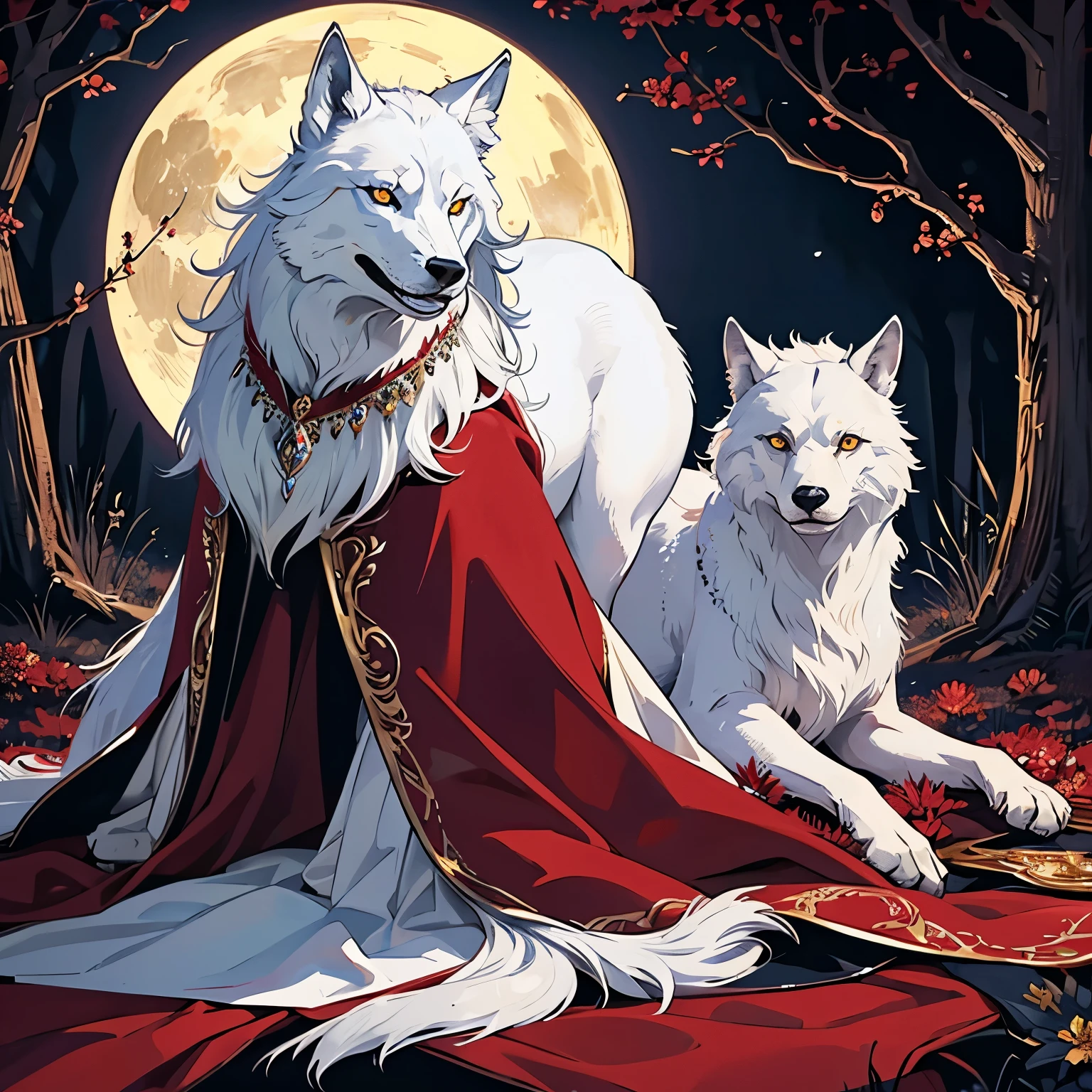 Very detailed , elegant , Vibrant colors , Lots of gold and silver flowers , White Wolf , Crimson Eyes , forest , night , Moonlight