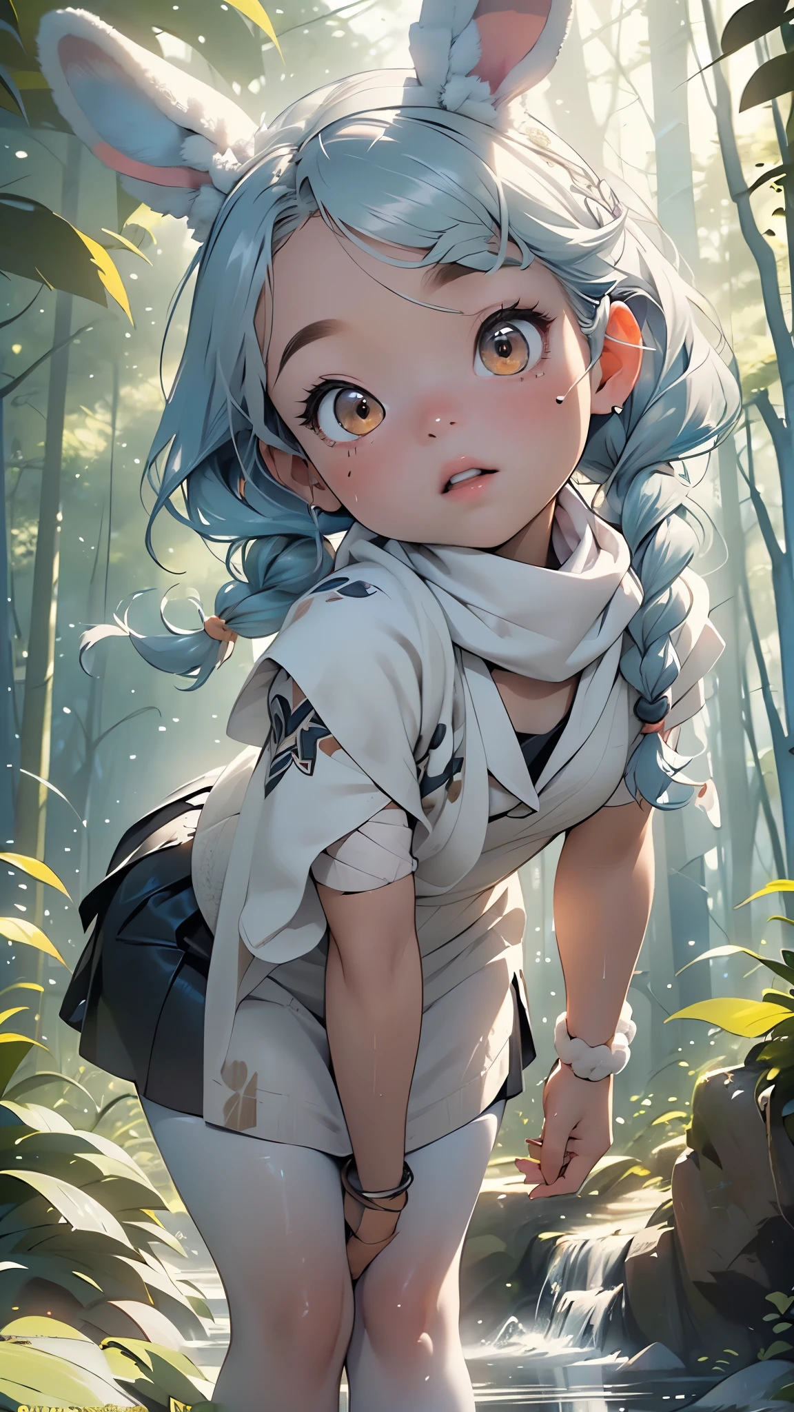 cute bunny girl,(((1girl))),((bunny girl with extremely cute and beautiful light blue hair)),(((bunny girl:1.5,anthro furry cute,bunny-girl))),(((bunny ears:1.5,bunny ears on head:1.5,big bunny ears))),(),
(flat chest:1.4),(((light_blue_hair, twintails with long braids:1.35))),((orange_eyes)),intricate eyes,beautiful detailed eyes,symmetrical eyes,big eyes:1.3,((fat)),(((lustrous skin:1.5,bright skin: 1.5,skin tanned,shiny skin,very shiny skin,shiny body,plastic glitter skin,exaggerated shiny skin,illuminated skin,wet legs))),(spider lower abdomen,narrow waist,wide hip,athletic body,inflated legs, thick thighs,detailed body,(detailed face)),
cute,slutty,seductive,erotic,(nsfw),
((white furry scarf,(white scarf:1.5))), ((white strapless dress, dress with short skirt, blue trim on dress,front slit skirt)),((Black leggings under the dress,(black leggings:1.0))),orange bows, carrot decorations on her clothes;
(dynamic pose:1.0),solo focus,embarrassed,(centered,scale to fit dimensions,Rule of thirds),
((pine forest)),scenery:1.25,((intricate scenery)),((forest background)),
(Glossy pastel ornaments),highres,sharp focus,(ultra detailed,extremely detailed),(photorealistic artwork:1.37),(extremely detailed CG unity 8k wallpaper),(((vibrant colors,vibrant theme))),(intricate),(masterpiece),(best quality),artistic photography,(photography taken by sldr),(intricate background),perfect rendered face,perfect face details,realistic face,photo realistic,((intricate detail)),(((realism))),