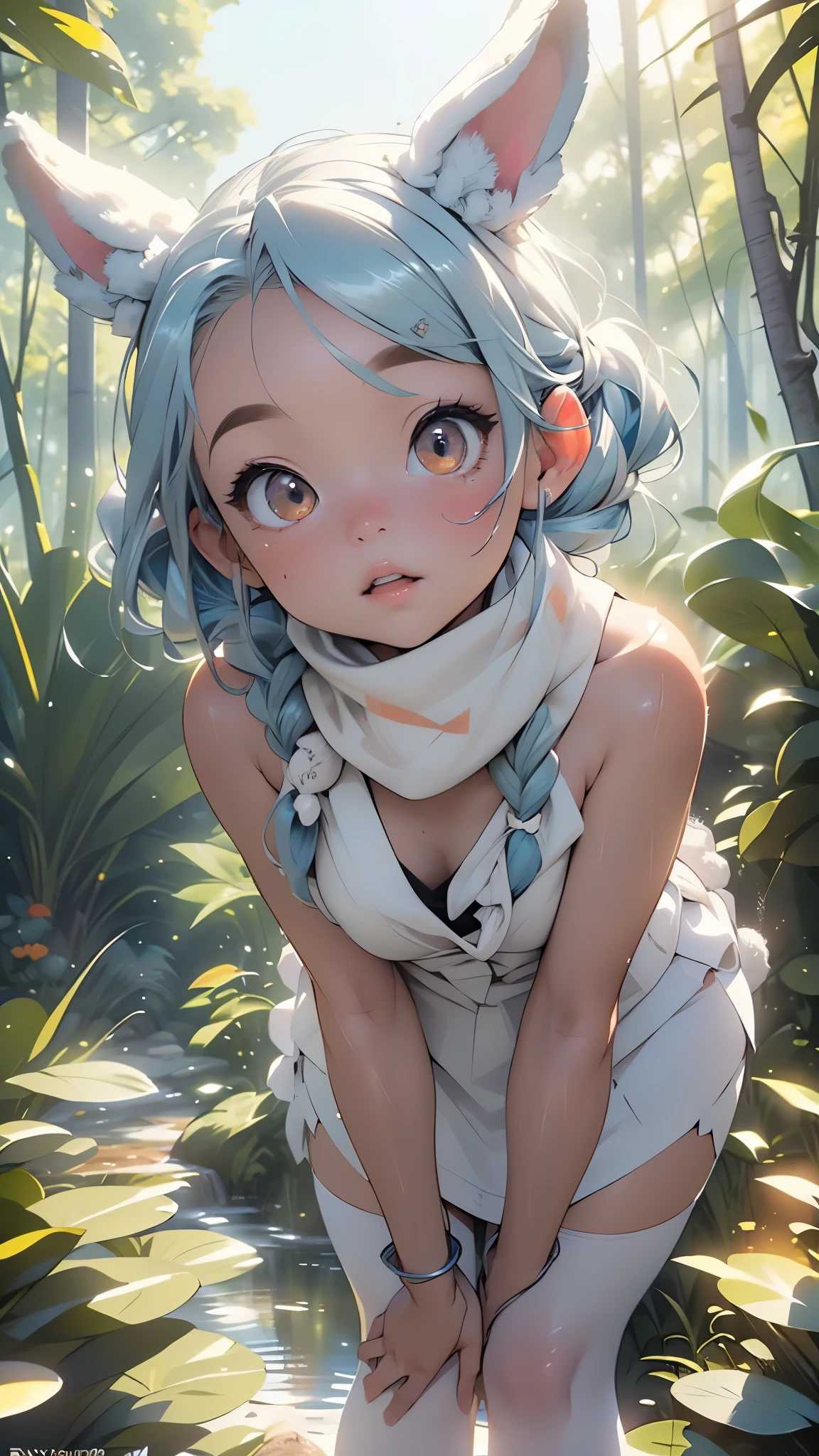 cute bunny girl,(((1girl))),((bunny girl with extremely cute and beautiful light blue hair)),(((bunny girl:1.5,anthro furry cute,bunny-girl))),(((bunny ears:1.5,bunny ears on head:1.5,big bunny ears))),(14 years old),

(flat chest:1.4),(((light_blue_hair,  twintails with long braids:1.35))),((orange_eyes)),intricate eyes,beautiful detailed eyes,symmetrical eyes,big eyes:1.3,((fat)),(((lustrous skin:1.5,bright skin: 1.5,skin tanned,shiny skin,very shiny skin,shiny body,plastic glitter skin,exaggerated shiny skin,illuminated skin,wet legs))),(spider lower abdomen,narrow waist,wide hip,athletic body,inflated legs, thick thighs,detailed body,(detailed face)),

cute,slutty,seductive,erotic,(nsfw),

((white furry scarf,(white scarf:1.5))), ((white strapless dress, dress with short skirt, blue trim on dress,front slit skirt)),((Black leggings under the dress,(black leggings:1.0))),orange bows, carrot decorations on her clothes;

(dynamic pose:1.0),solo focus,embarrassed,(centered,scale to fit dimensions,Rule of thirds),

((pine forest)),scenery:1.25,((intricate scenery)),((forest background)),

(Glossy pastel ornaments),highres,sharp focus,(ultra detailed,extremely detailed),(photorealistic artwork:1.37),(extremely detailed CG unity 8k wallpaper),(((vibrant colors,vibrant theme))),(intricate),(masterpiece),(best quality),artistic photography,(photography taken by sldr),(intricate background),perfect rendered face,perfect face details,realistic face,photo realistic,((intricate detail)),(((realism))),
