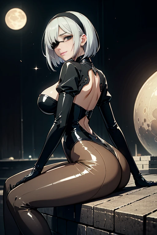 Ivory liquid spills,sit,from behind,((highest quality)), ((masterpiece)),(detailed),High resolution,Sharp focus, (非常にdetailed CG unity 8k wallpaper),(((Vibrant colors))), Perfect Face,One girl,Game Characters,2B,Yoruhano. 2 Type B,Nier Automata, High resolution,Second dimension beautiful girl,Super Beauty,Glowing Skin,Shiny silver hair,Short Bob Hair, Big Breasts,glamorous_expensive_Tight waist_Long legs,curve, Camel Toe,Blindfold,Black eye mask,hair band,Sweaty skin, cute,erotic,Bold,露出度のexpensive服装,show 肌,smile,Beautiful night sky, Meteors, Giant Moon,It&#39;s so shining,