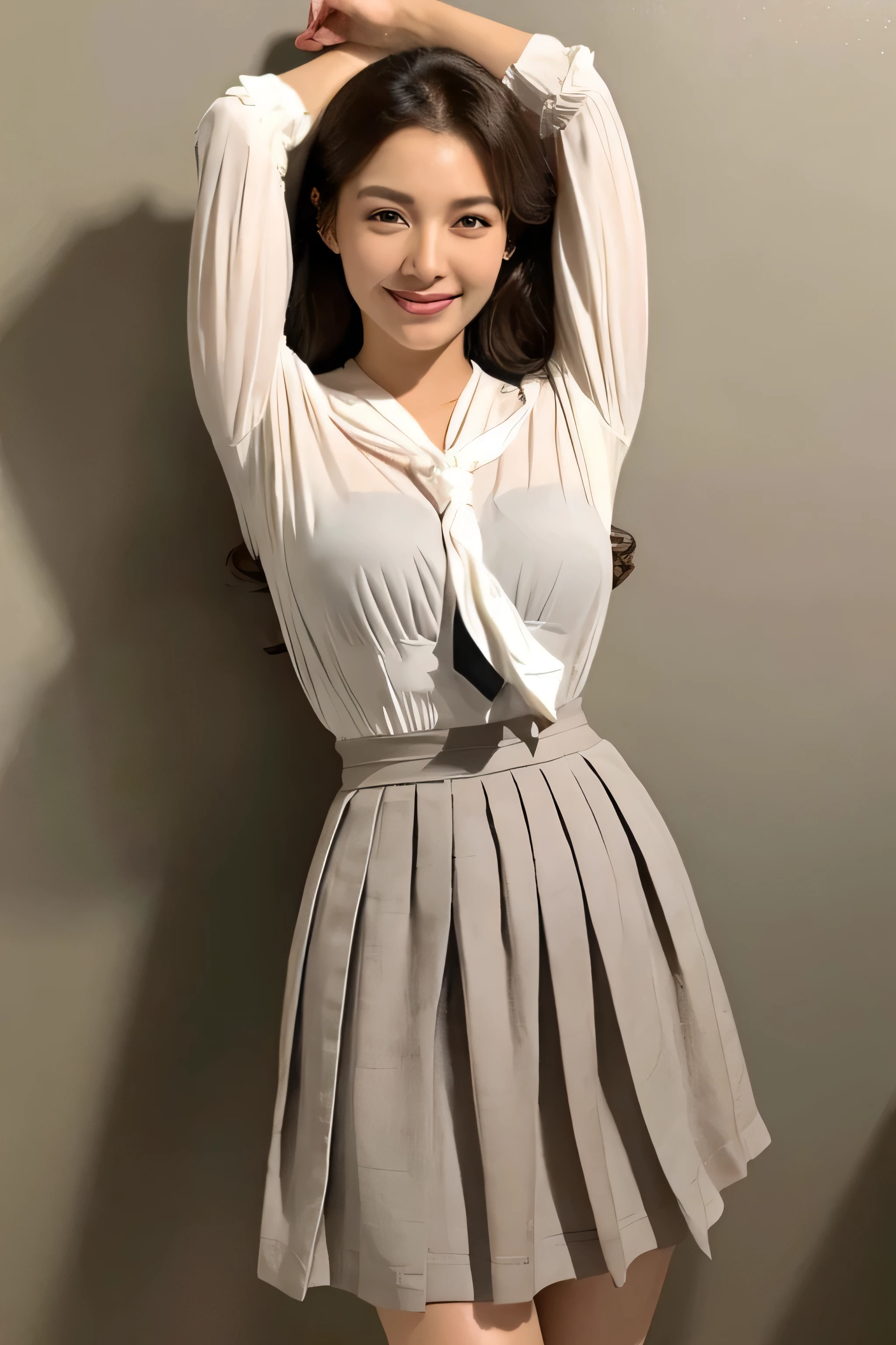 Beautiful detailed face、Pale skin、Realistic glowing skin、Detailed cloth texture、Detailed hair texture、Perfect body、Beautiful Face、correct、Anatomically correct、 Highly detailed face and skin texture、Natural neck length、(Beautiful Hands)、(Fair skin:1.2)、Thin legs、Thin legs、 Break Fine Eyes、Symmetrical eyes、Large Breasts、Light brown eyes、double eyelid、Thin eyebrows、(Glossy Lips:1.4)、((Gentle smile:1.2))、(blush:1.1)、 break (Elegant and cute girl:1.3)、Medium-sized large breasts、(Slim body type:1.1)、Toned Abs、Beautiful clavicle、 (Dark Blonde、Wavy Hair、Long Hair:1.2)、full figure supermodel standing, entire body in frame、((White Y-shirt、dark grey pleated skirt、ribbon tie:1.3)),standing gracefully、close her eyes with pleasere,((arms up:1.3)),