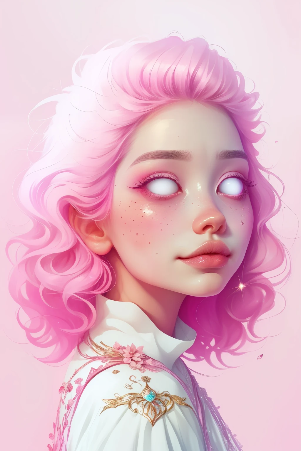 (This is a beautiful fantasy image that feels interesting.) Generate a pretty magical (((blind))) woman with colorful curly hair and milky white eyes. Her face is important should be perfectly formed with puffy lips and perfect features. (Her eyes are important and are blank white and solid white.) Her clothing is colorful and has all the colors of the rainbow, giving the appearance of a rainbow. Utilize dynamic composition to create a compelling and interesting image that appeals to viewers. Include fantasy birds, luminous detailed flowers, shimmer, and glitter. She has an unmarked face. Use dramatic lighting and cinematic lighting to enhance the overall quality of the image. Fantasy, cute, colorful, compelling, energetic, (shirome eyes:1.3), (smirking), ((no pupils)), ((no irises)), ((((blank eyes, empty eyes)))), (perfectly rendered solid whiteeyes), ((normal neck)), (((short neck))), pink magic background, beautiful pink background, magic background, fantasy pink background, ((pink interesting background))
