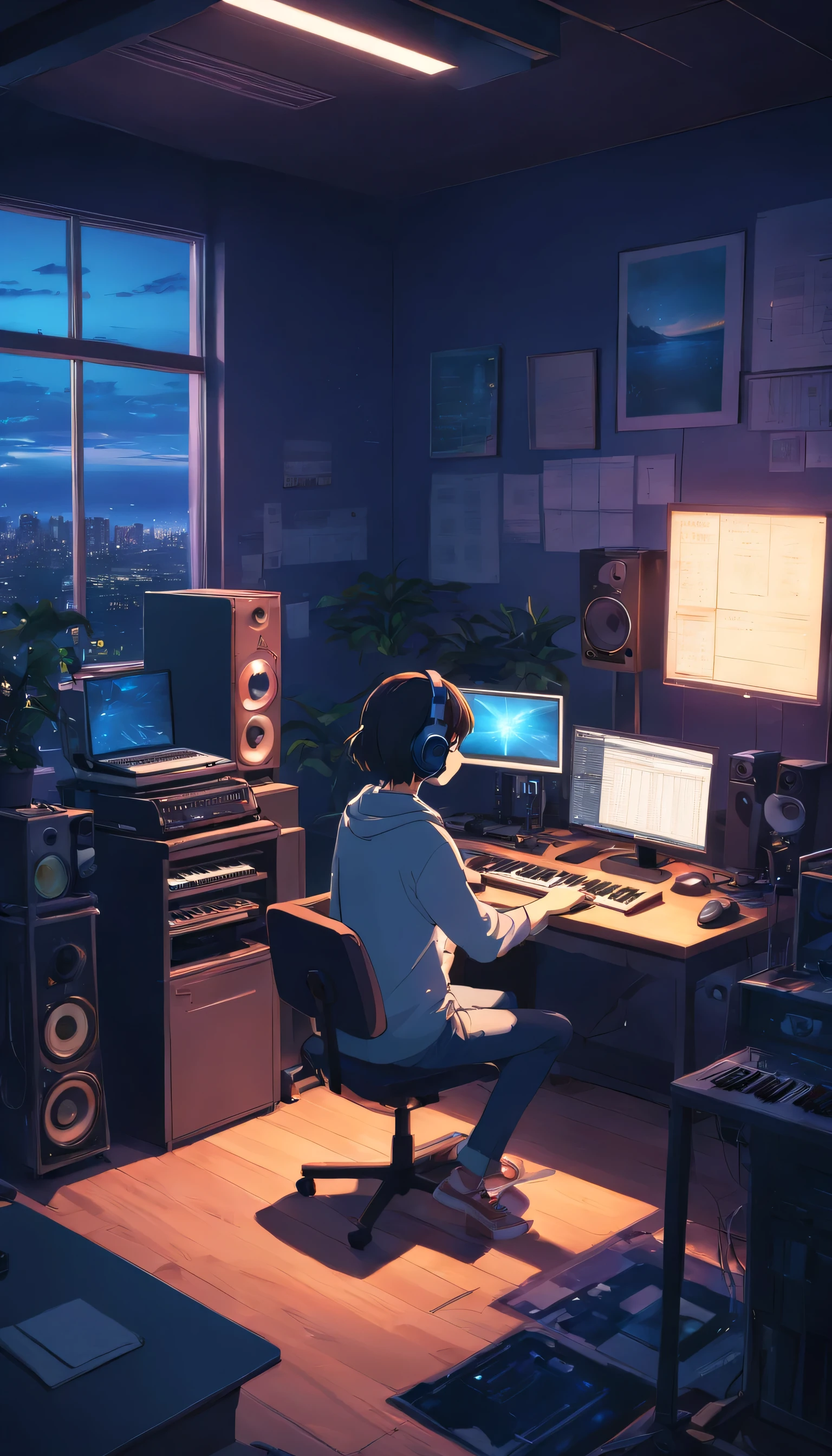 music studio room without person, sala escura, quarto preto e branco, Luz pequena, noite, computador, teclado, fone de ouvido, monitor de alto-falante, Luz pequena, sentar, high resolution, ultra-afiado, 8k, obra de arte