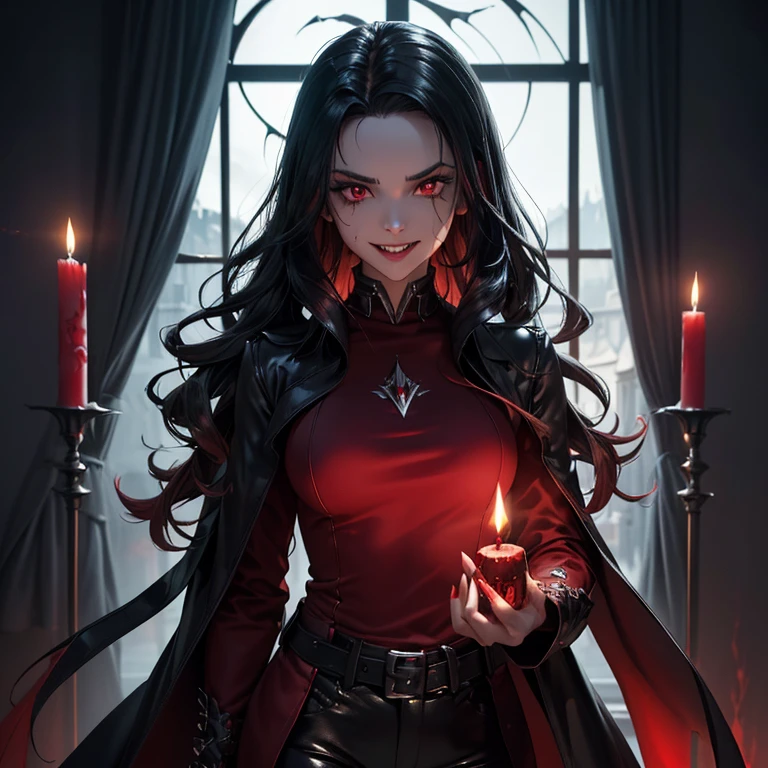 masterpiece, best quality, 8K wallpaper, HDR, octane rendering. A Vampire, fierce expression, ((red aura around her, malevolent energy)), wearing, (Trench coat: black, cropped t-shirt: black), (full body), (Blood dripping), (black pants), (( blood spatter, bleed)), castle, window panes, torn curtains, night, candles, beautiful detailed scenery, the vampire has (Messy hair, shiny black hair:1.2), (Beautiful and detailed face with perfect symmetry), (Red eyes beautiful and detailed), (soft open lips, smile, sharp fangs:1.2), (body with perfect anatomy, perfect natural texture, high details, shiny skin) cinematic lighting, vivid colors, detailed illustration, depth of field.