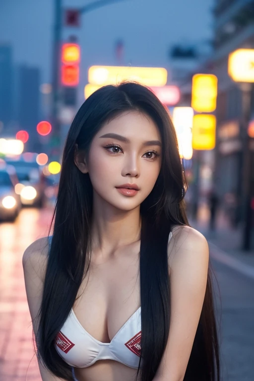 best quality, realistic, front pov, los angeles city street, (a female Indonesian supermodel), (naked) (perked nipples), (d cups breasts:1.1), seductive smile, (dark hair), (long hair) (straight hair:1.1), perfect eyes, sharp details, detailed face, face makeup, cheeks blush, eyeliner, eyeshadows, lip gloss, supermodel, (deep focus), (hard lighting), (night time), (realistic lighting:1.0)