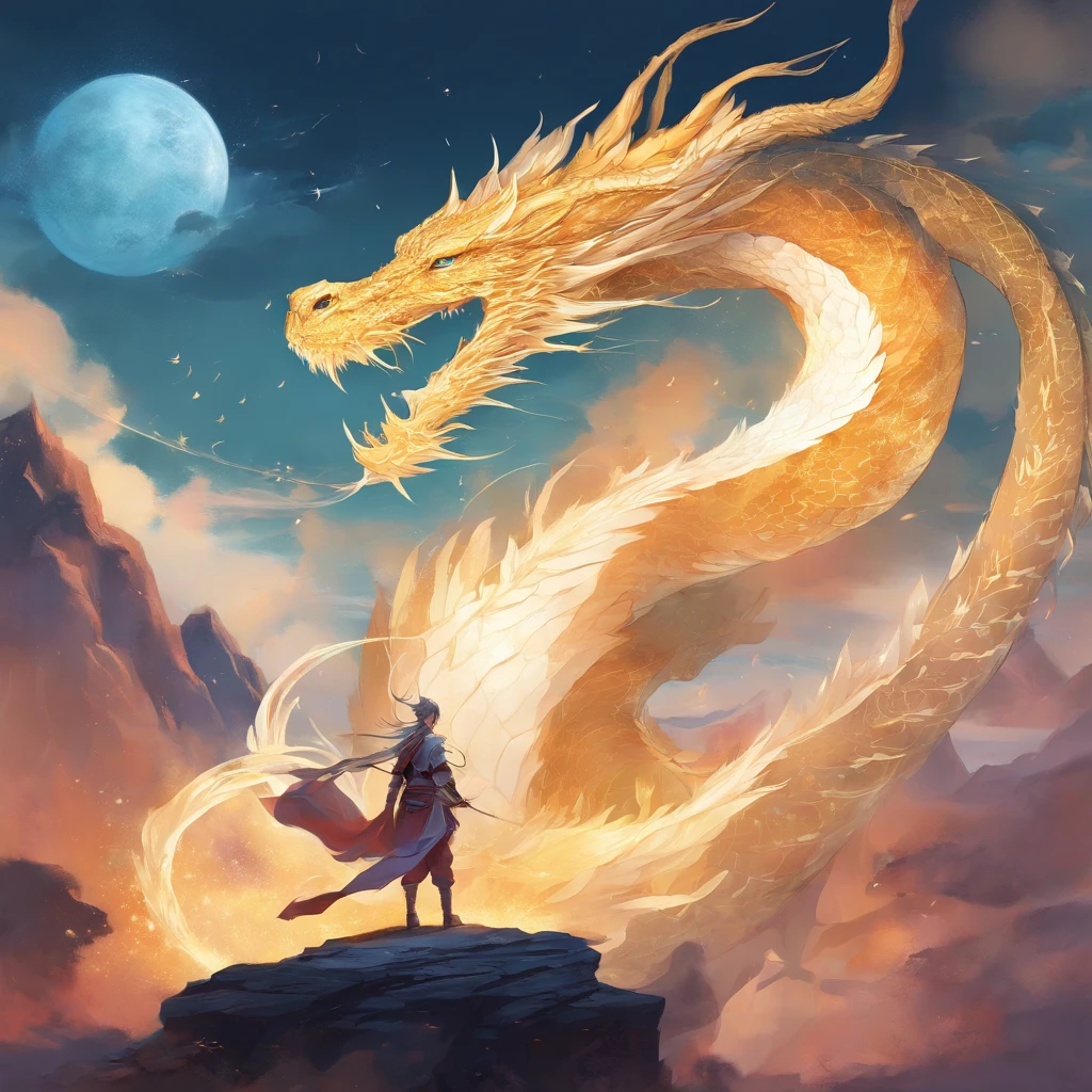 "Crie um hipnotizante, Anime-style high-definition art with a captivating smoke background. Enfatize cores vibrantes, detalhes intrincados, e uma perspectiva grande angular. Enhance the composition with soft lighting and fantasy elements, perishing the cover of a Chinese manhua where a young boy with blue-black hair, a martial artist's outfit and a majestic dragon in gold and white tones behind"