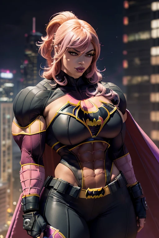 ((((Massive, tall, beautiful, buff, brown skinned muscular woman with shocking pink hair, black lipstick, ginormous bulky muscles wearing a shocking pink Batgirl suit with a cape and black tight pants)))), (close view), vascular body, massive muscles, massive biceps, hyper muscle triceps, (angled bob cut), red eyes, black gloves, spiked gauntlets, high heels boots, city, at night, smirk, hyper muscles arms, hyper muscle legs, massively buff arms.