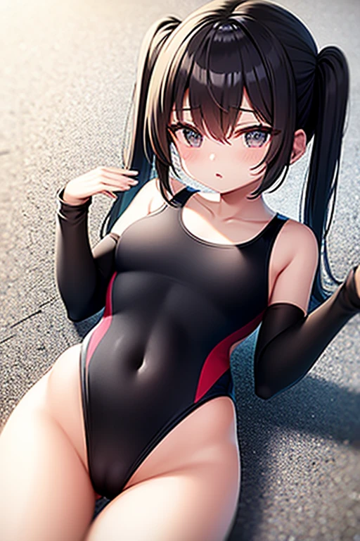 Young Girl, (Black competitive swimsuit:1.5) , Black Hair , Iris , Three-year-old , Twin tails ,