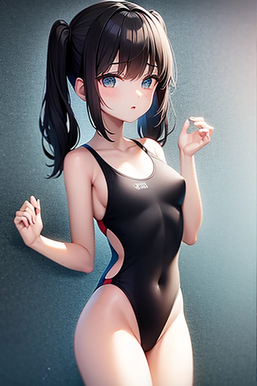 Young Girl, (Black competitive swimsuit:1.5) , Black Hair , Iris , Three-year-old , Twin tails ,