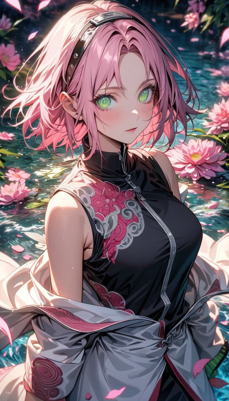 Ultra detailed, Highres, absurdres, HDR, Haruno Sakura, pink short hair, expressive green eyes, white long coat with patterns, Naruto Shippuden, pink flowers, petals, extremely beautiful, woman, solo, very detailed eyes and face, water, pink butterflies, black t-shirt, master piece,