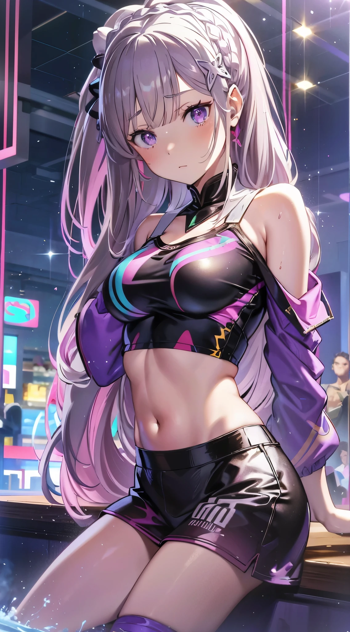 Emilia re:zero, purple eyes, Emilia, crown braid, x hair ornament, flower hair ornament, white hair, long hair, medium breasts, ((Masterpiece)), best quality, absurderes, ultra detailed, holographic, cowboy shot, golden ratio, super cute girl, mature girl, idol girl, super beautiful asian girl with very beautiful violet glowing eyes, beautiful glowing brown multicolored hair, high ponytail, nice and sexy body, slim body, perfect body, wearing a super tight anime printed leotard, an anime printed super tight off shoulder long sleeve crop top, a super aesthetic transparent mini jacket, beautiful hair ornament, pink jordan tennis, being photographed in a mall shop, with her handsome skinny boyfriend, with black messy glowing hair and super casual clothing