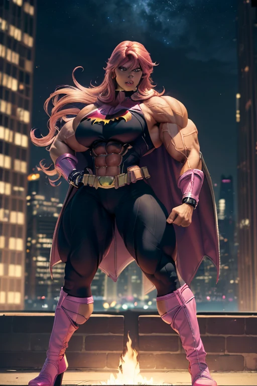 ((((Massive, tall, beautiful, buff, brown skinned muscular woman with shocking pink hair, black lipstick, ginormous bulky muscles wearing a shocking pink Batgirl suit with a cape and black tight pants)))), (close view), vascular body, massive muscles, massive biceps, hyper muscle triceps, (angled bob cut), red eyes, black gloves, spiked gauntlets, high heels boots, city, at night, smirk, hyper muscles arms, hyper muscle legs, massively buff arms.