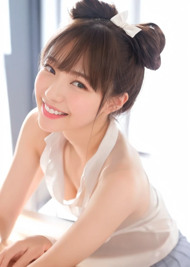 Tabletop, Upper Body Shot, Front view, One woman per photo, Young and beautiful woman in Japan, Super cute face, 18-year-old, Studying at a desk in the school library, Big smile, Attractive person, Wearing a short-sleeved shiny silk white collared shirt and a shiny satin plain red bow tie, Glossy Lips, Sweaty body, Double eyelids on both eyes, Natural Makeup, Long eyelashes, Shiny, smooth, light brown medium length hair, Asymmetrical bangs, Sunburned skin, Wearing a dark blue pleated skirt, Center image, 8k resolution, Attention to detail, Detailed hairstyle, Detailed face, Great cinema lighting, Octane Rendering, Vibrant, Surreal, Perfect limbs, Perfect Anatomy