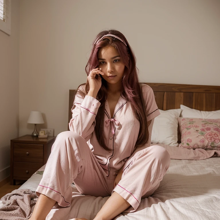 a full body shot of a 25 year old girl sitting at the bedroom  wearing pijamas, morena, up long brown and pink hair and with bandana, shes blocking her face with her hair