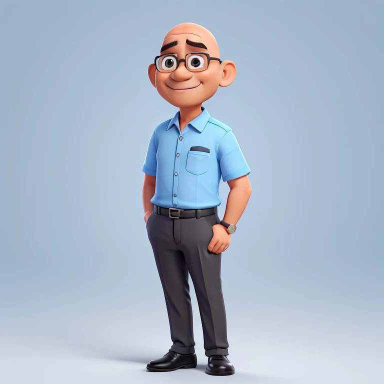 Full body full of 4D caricature of an indonesian bald man, round face, look at the camera, wearing a light blue shirt, a Chevron placed on each shoulder, there are two pockets on the shirt chest, wearing black long tie, black trousers, wearing loafers, grey background, 