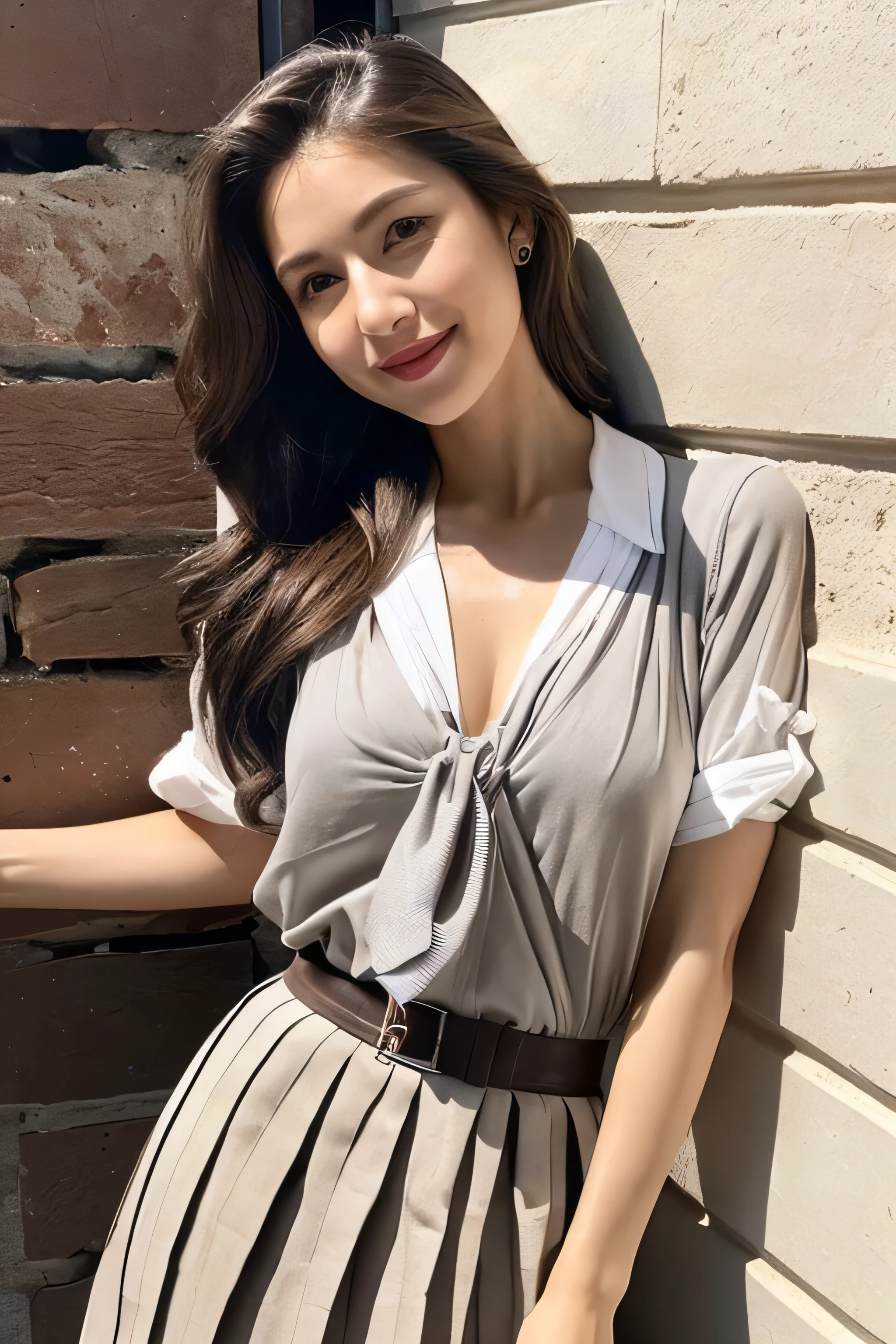 Beautiful detailed face、Pale skin、Realistic glowing skin、Detailed cloth texture、Detailed hair texture、Perfect body、Beautiful Face、correct、Anatomically correct、 Highly detailed face and skin texture、Natural neck length、(Beautiful Hands)、(Fair skin:1.2)、Thin legs、Thin legs、 Break Fine Eyes、Symmetrical eyes、Large Breasts、Light brown eyes、double eyelid、Thin eyebrows、(Glossy Lips:1.4)、((Gentle smile:1.2))、(blush:1.1)、 break (Elegant and cute girl:1.3)、Medium-sized large breasts、(Slim body type:1.1)、Toned Abs、Beautiful clavicle、 (Dark Blonde、Wavy Hair、Long Hair:1.2)、full figure supermodel standing, entire body in frame、((White Y-shirt、dark grey pleated skirt、ribbon tie:1.3)),standing gracefully、((((Leaning against the wall_chest thrusting pose, chest bragging pose:1.4)),((look down at the viewer,from below:1.5)),