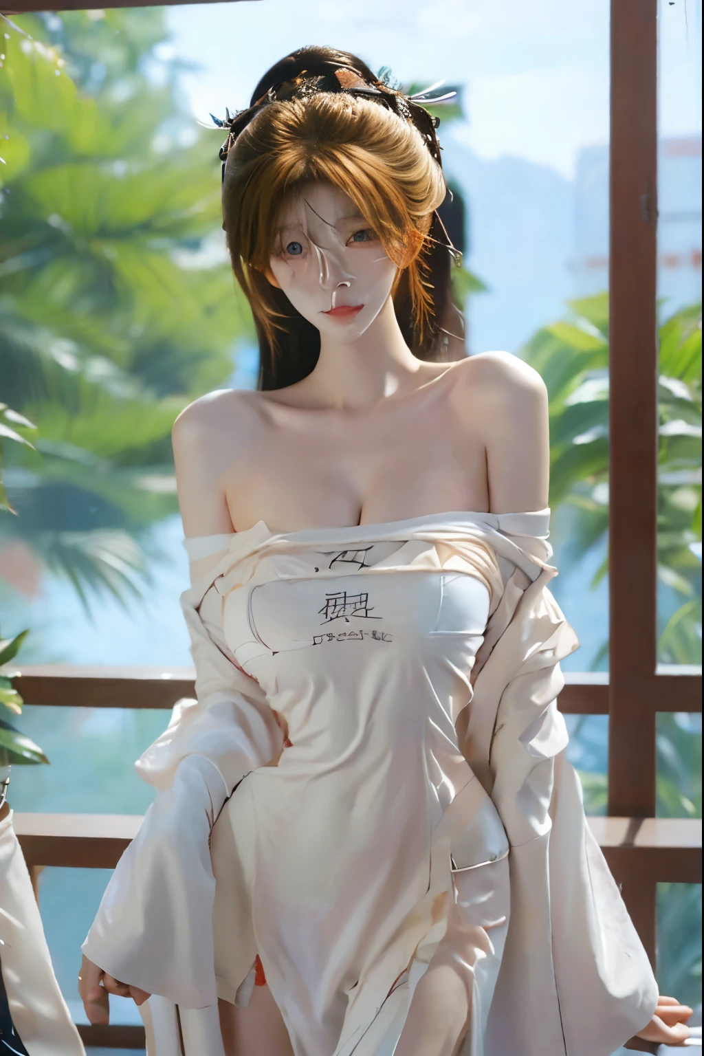 Beautiful woman with perfect body:1.4,Layered Hairstyle,Prominent cleavage,Highly detailed face and skin textures,Double eyelids,Skin Whitening,Long hair,Whitened long legs,blond,(Low-cut Hanfu)standing in living room