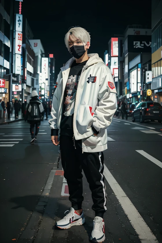 BOY, PERFECT FACE, KANEKI KEN, MASK, WHITE HAIR, FULL BODY, SOLO, TOKYO NIGHT CITY STREET BACKGROUND, STREETWEAR CLOTHES, ((((masterpiece))), ((best quality)), (extremely detailed) PERFECT HANDS