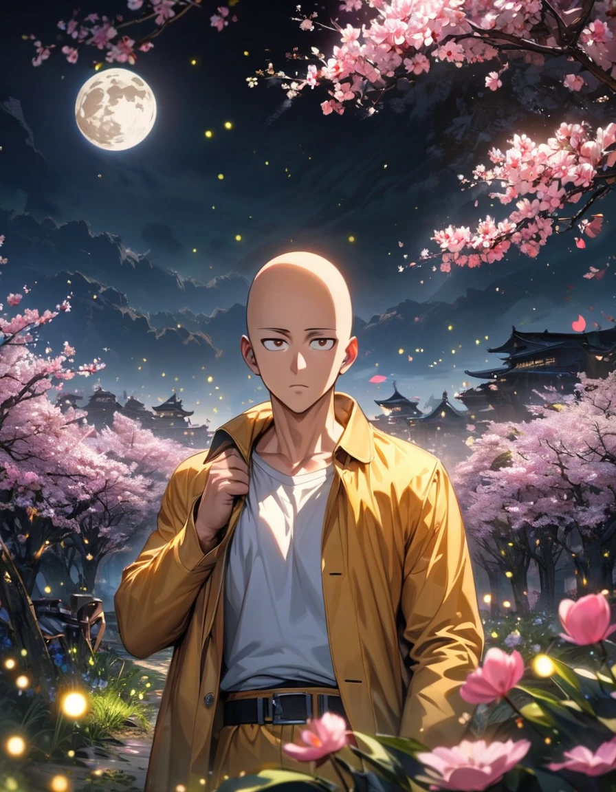 absurdres, highres, ultra detailed, HDR, master piece, best quality, Saitama, expressive brown eyes, one punch man, solo, man, handsome, moon, fireflies, blossoms, spring, pink flowers