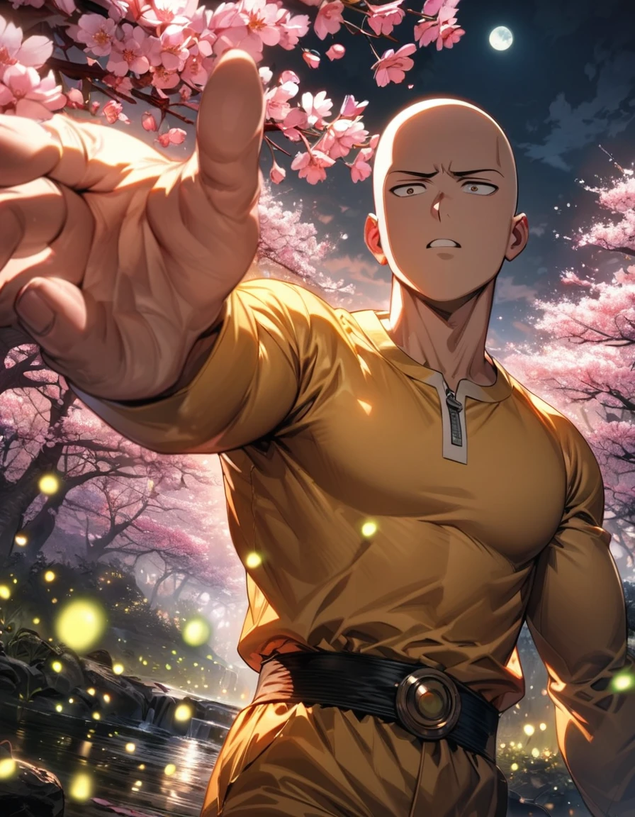 absurdres, highres, ultra detailed, HDR, master piece, best quality, Saitama, expressive brown eyes, one punch man, solo, man, handsome, moon, fireflies, blossoms, spring, pink flowers