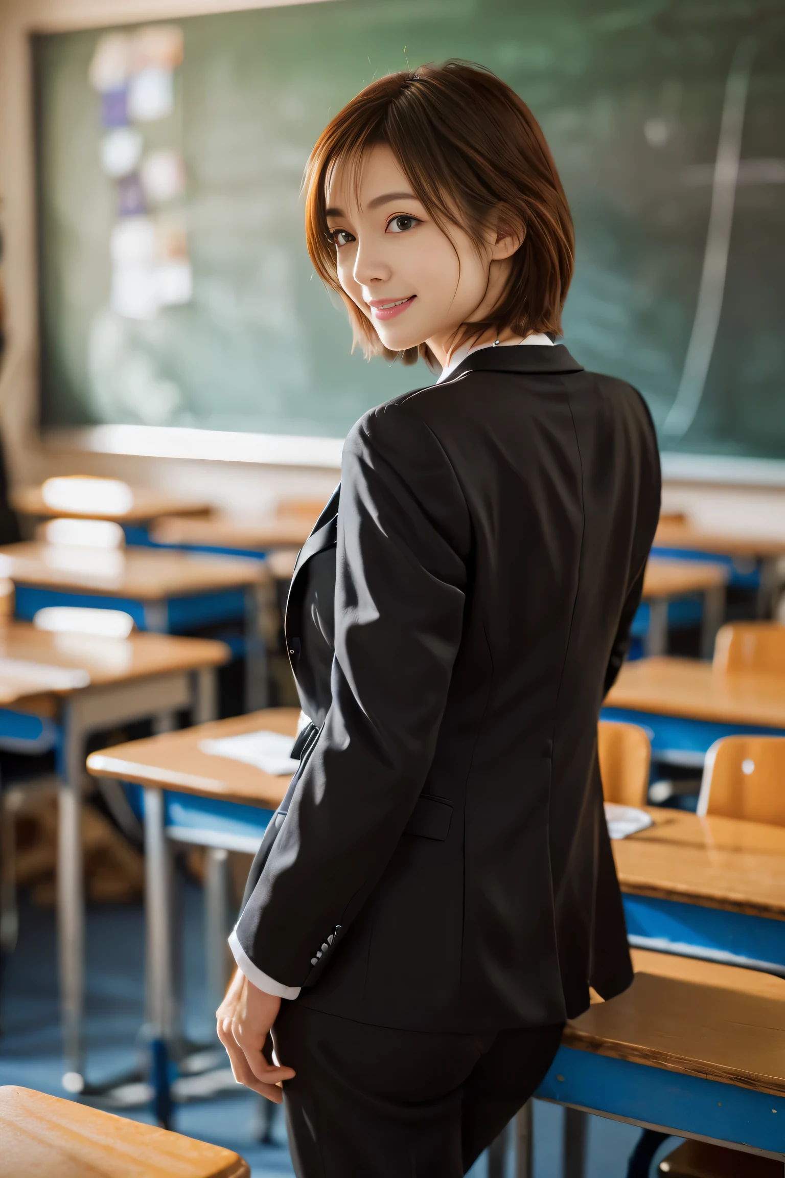 (He turned around and pointed to the blackboard in front of the classroom.、Female teacher in class:1.5), (The best quality at its best:1.4), (Super detailed), (Very detailed CG unified 16k), Beautiful woman with perfect figure: 1.4, Sharp focus: 1.2, Very detailed, High-quality RAW color photos, Professional photography, Great face and eyes, cosmetics, (Amazingly beautiful girl), ((In a suit:1.5)), Sexy posture,(View from below), Realistic movie faces, Wide zoomed out view of head to foot length, Full body long view, Realistic, ((Realistic natural orange red hairstyle, Realistic blue eyes)), ( Short Bob Hair:1.5), (necklace:1.5)、, Very beautiful face, Perfect model beauty, Mouth swelling, Highly detailed face and skin texture, Fine grain, double eyelid, Medium chest, smile, Crack, west, (masterpiece), highest quality, High resolution, Very detailed, Blurred Background, Depth of written boundary, Cinema Lighting, Great legs, , Clear, well-maintained skin, (((Women make up the majority of the photo)))