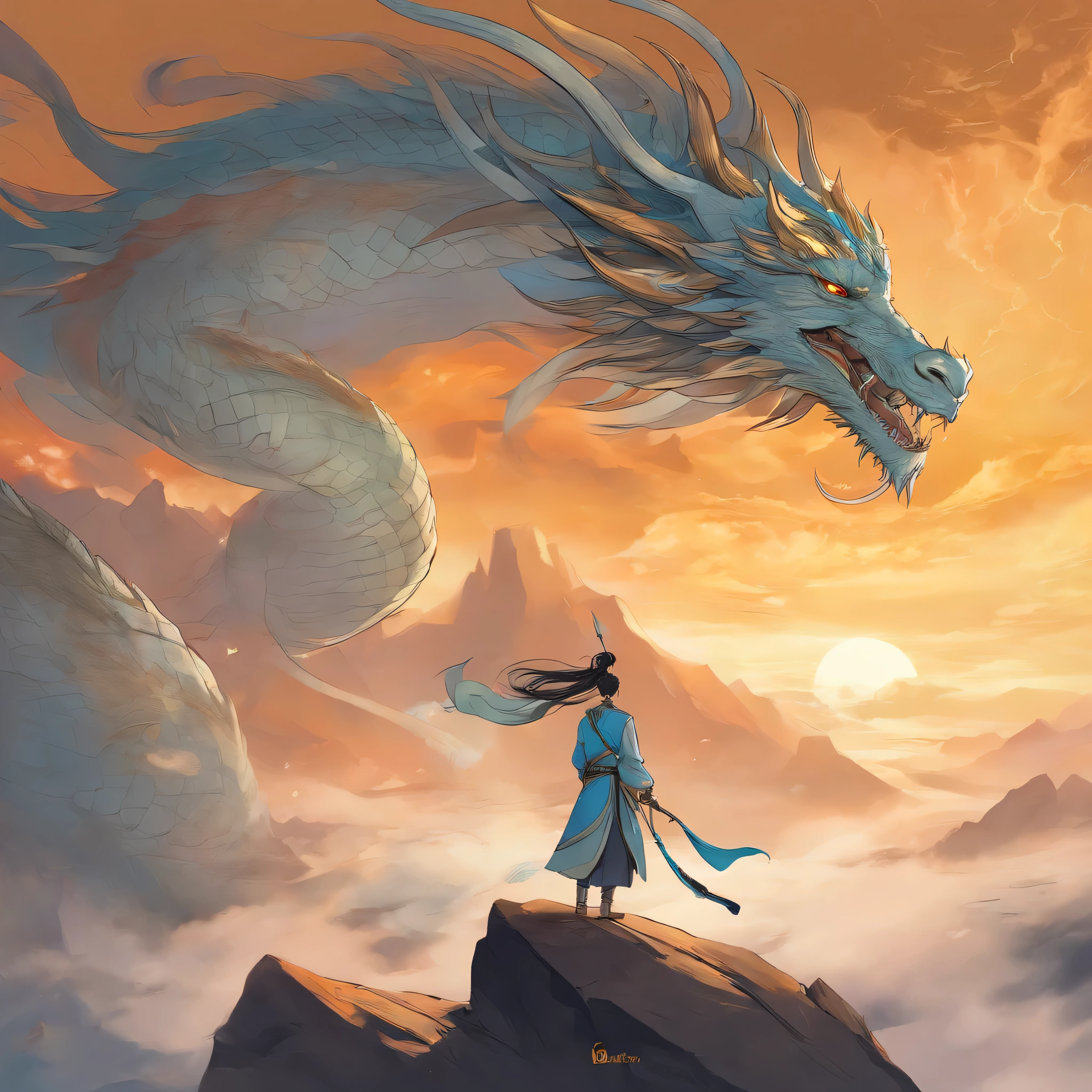 "Crie um hipnotizante, Anime-style high-definition art with a captivating smoke background. Enfatize cores vibrantes, detalhes intrincados, e uma perspectiva grande angular. Enhance the composition with soft lighting and fantasy elements, perishing the cover of a Chinese manhua where a young boy with blue-black hair, a martial artist's outfit and a majestic dragon in gold and white tones behind"