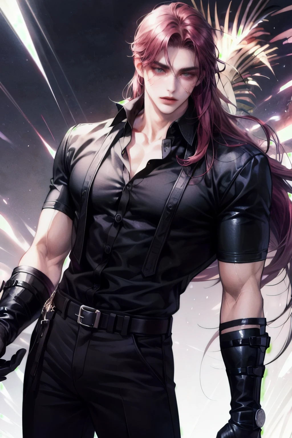 One man only, mullet, maroon hair, long mullet hairstyle, lip scar, full lips, long lashes, manly, tall, muscular, pink lips, dazed, confident, grey eyes, handsome, black buttoned shirt, black pants, gloves