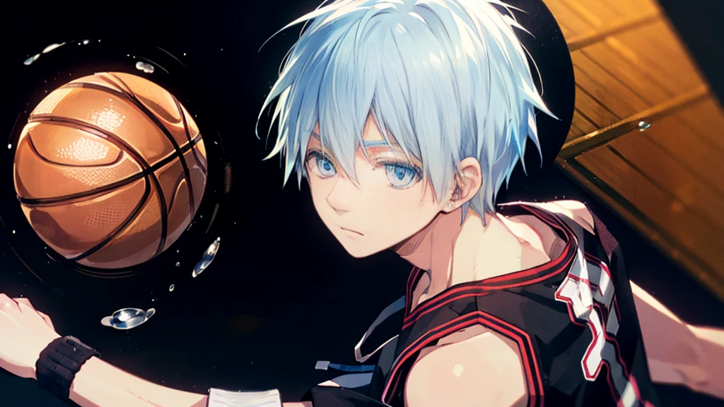 ((highest quality, super detailed,detailed eyes:1.3)),(((boy:1.2))),light blue hair,short,hair,light blue eyes,kuroko tetsuya,basketball uniform,(basketball court:1.3),(from side,cowboy shot,face focus:1.1)