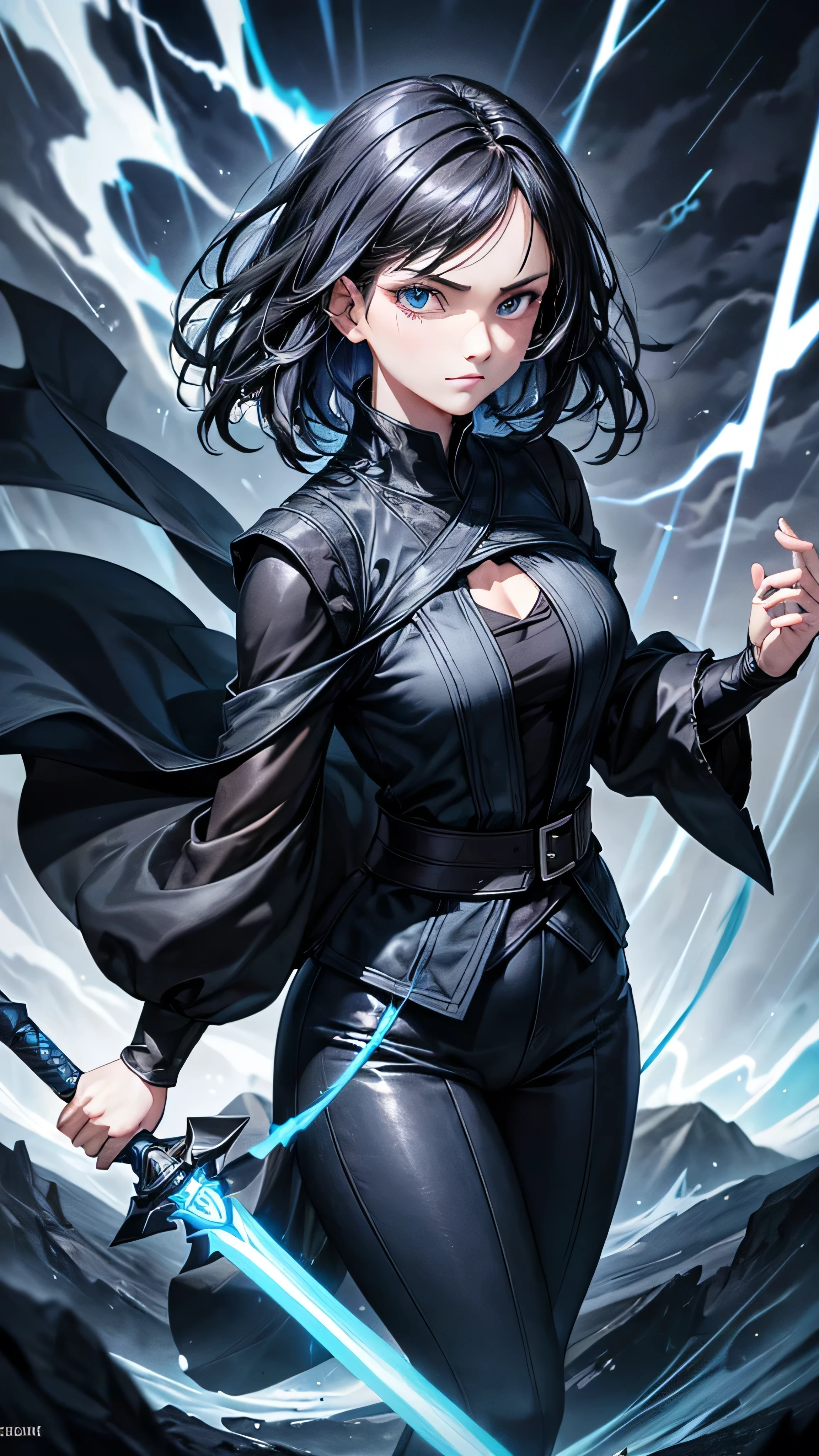 1girl, highly detailed, masterpiece, best quality, correct hands, short black hair, blue eyes, black robes, black pants, blue shirt, black vest, medium breasts, defined curves, smug look, satisfied look, mountain background, storm, lightning, holding a sword, staff, floating, stormy atmosphere, surrounded by lightning, 