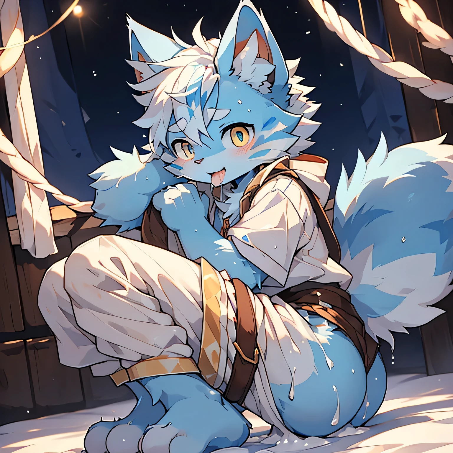 The only person,(Male cats:1.5), (blue skin:1.3), hairy,(Light blue fur:1.3),((Golden pupils)) ,(White ears),(hairy animal ears),(White liquid in mouth),Covered with hair,Wear adventurer's clothes,Squatting on the bed with your butt raised,Butt covered by pants,There is a lot of white sticky liquid all over the body,The hair was wet with white liquid,saliva,Fine hair,Top view,Red cheeks,Shy,night,Full body portrait,There is a lot of white fluid on the face,Leg lift pose,There is a lot of white fluid on the hair,Legs open,Complete clothes