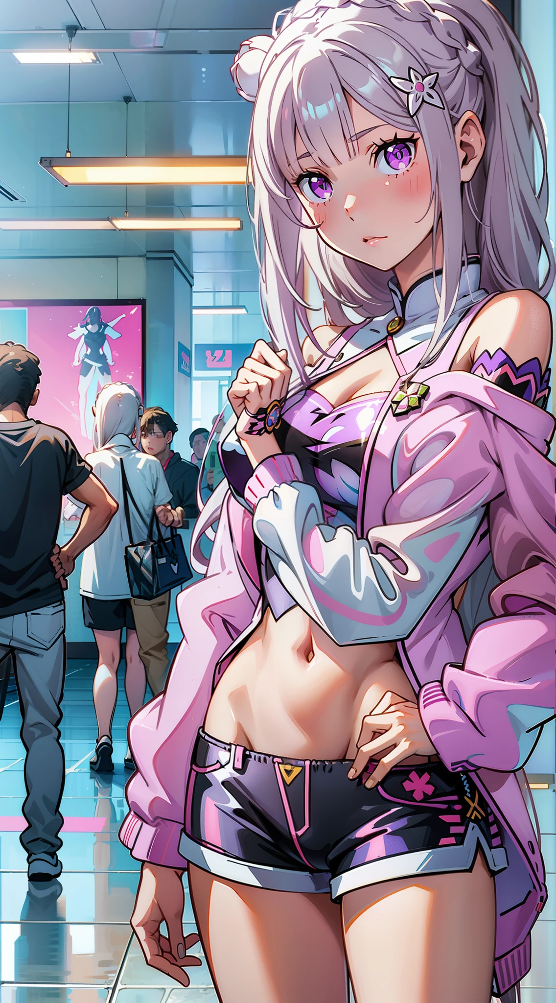 Emilia re:zero, purple eyes, Emilia, crown braid, x hair ornament, flower hair ornament, white hair, long hair, medium breasts, ((Masterpiece)), best quality, absurderes, ultra detailed, holographic, cowboy shot, golden ratio, super cute girl, mature girl, idol girl, super beautiful asian girl with very beautiful violet glowing eyes, beautiful glowing brown multicolored hair, high ponytail, nice and sexy body, slim body, perfect body, wearing a super tight anime printed leotard, an anime printed super tight off shoulder long sleeve crop top, a super aesthetic transparent mini jacket, beautiful hair ornament, pink jordan tennis, being photographed in a mall shop with her handsome skinny boyfriend, with dark messy hair, brown luminous eyes, wearing a white anime shirt, black shorts, and pink crocs