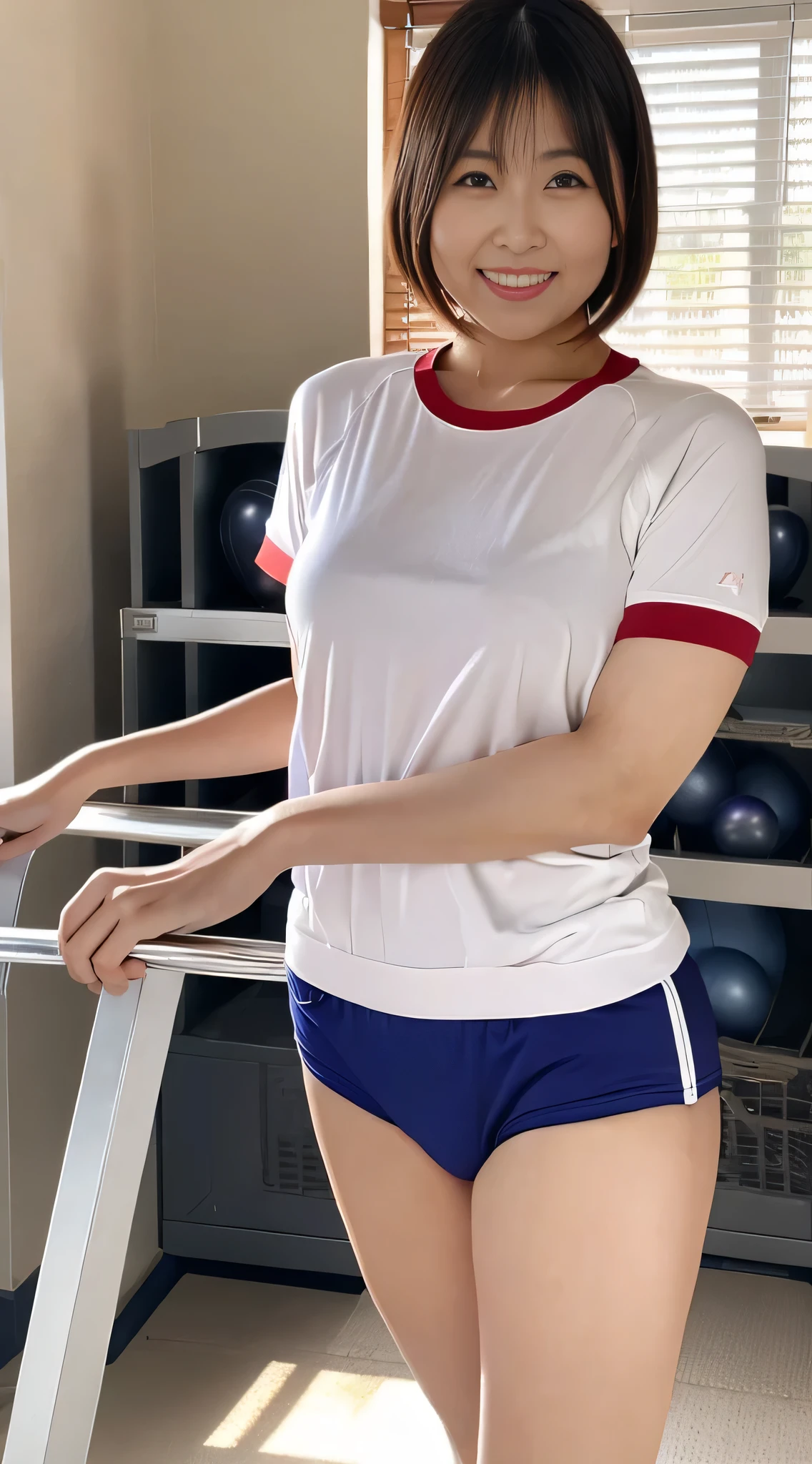 High resolution、high resolution、40 years old、Beautiful Japanese Mature、Japanese women、((My cheeks are red.))、((smile))、((Embarrassed laugh))、Large and ample bust、highest quality、alone、whole body、very nice、student、((Tight fitting white gym clothes))、(Short sleeve)、((Navy Blue Bloomer))、Are standing、Sparkling eyes、Glossy Lips、((looking at the camera))、